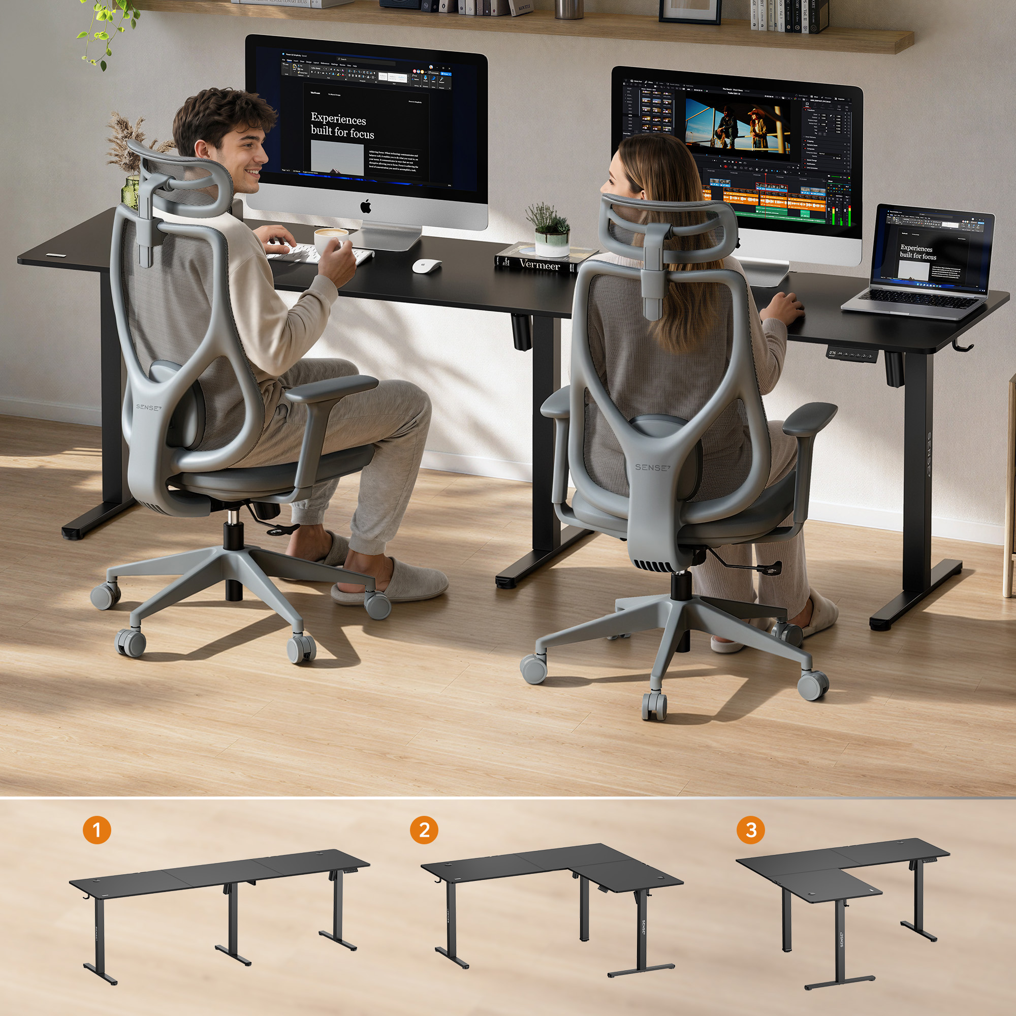 Due persone lavorano a scrivanie in piedi nere con computer, in basso tre opzioni di layout.
