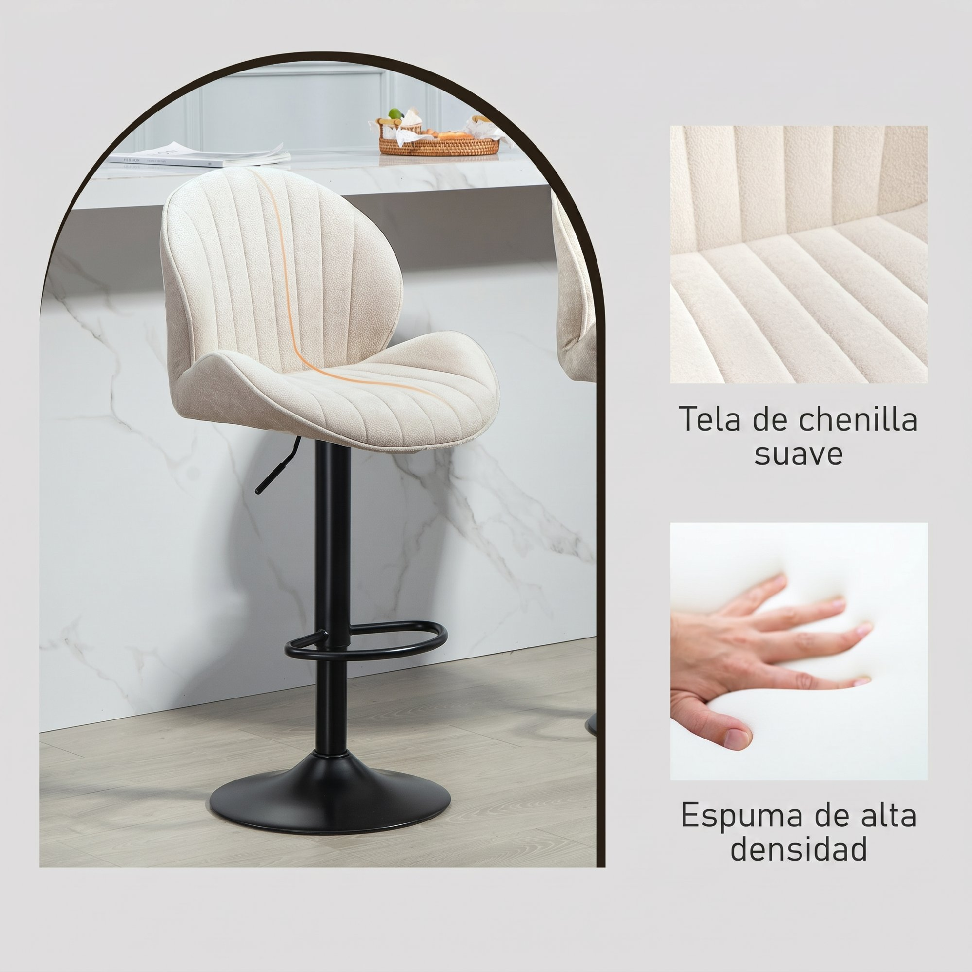 Taburete de bar beige con base de metal negro, tela de chenilla suave y espuma densa.
