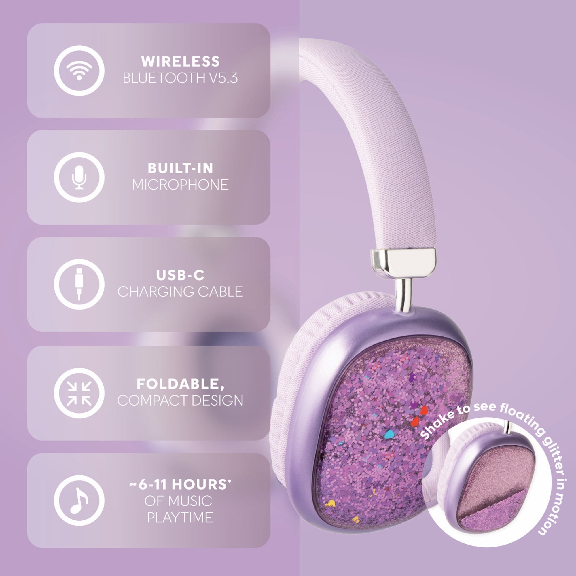 Lila kabellose Kopfhörer mit integriertem Mikrofon, USB-C-Anschluss, faltbarem Design und schwimmendem Glitzer.