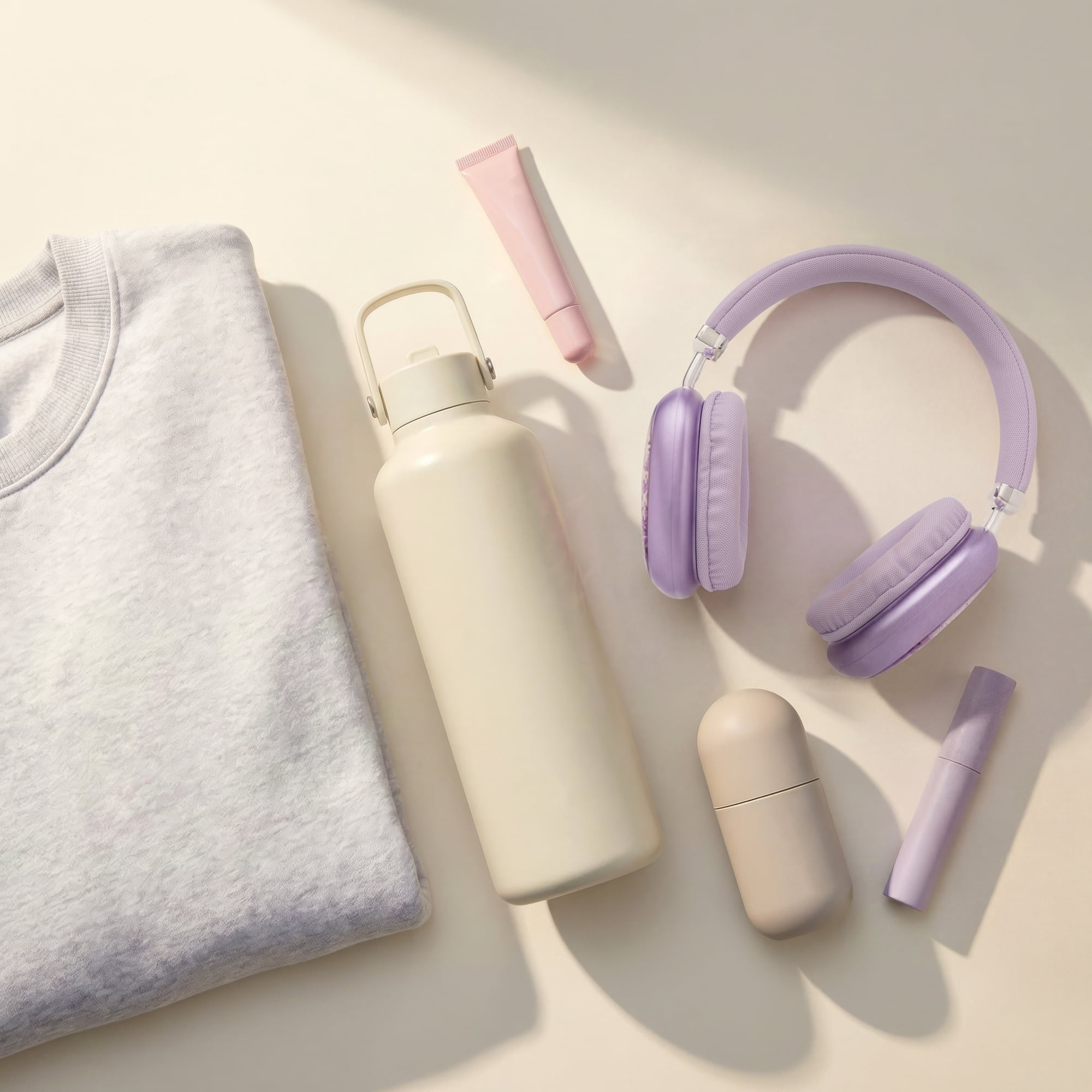 Flachlegen auf beigem Untergrund mit grauem Pullover, beiger Trinkflasche, rosa Lipgloss und lila Kopfhörern.