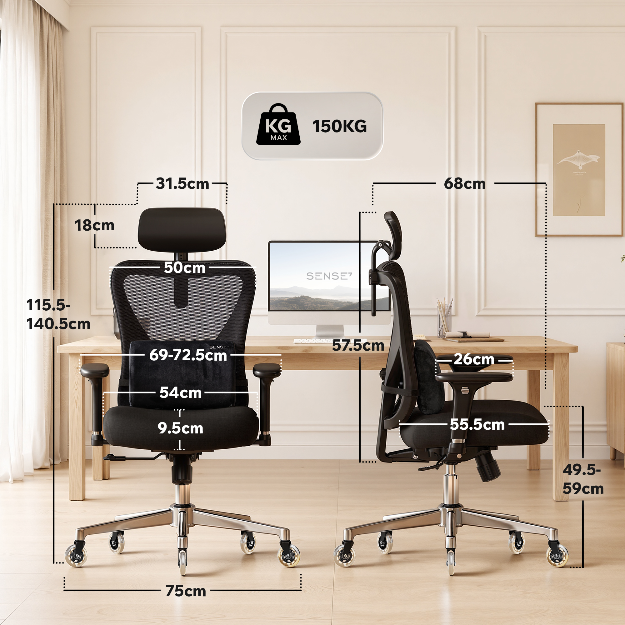 Diagramm eines schwarzen ergonomischen Bürostuhls vor einem Schreibtisch mit detaillierten Maßangaben in Zentimetern.