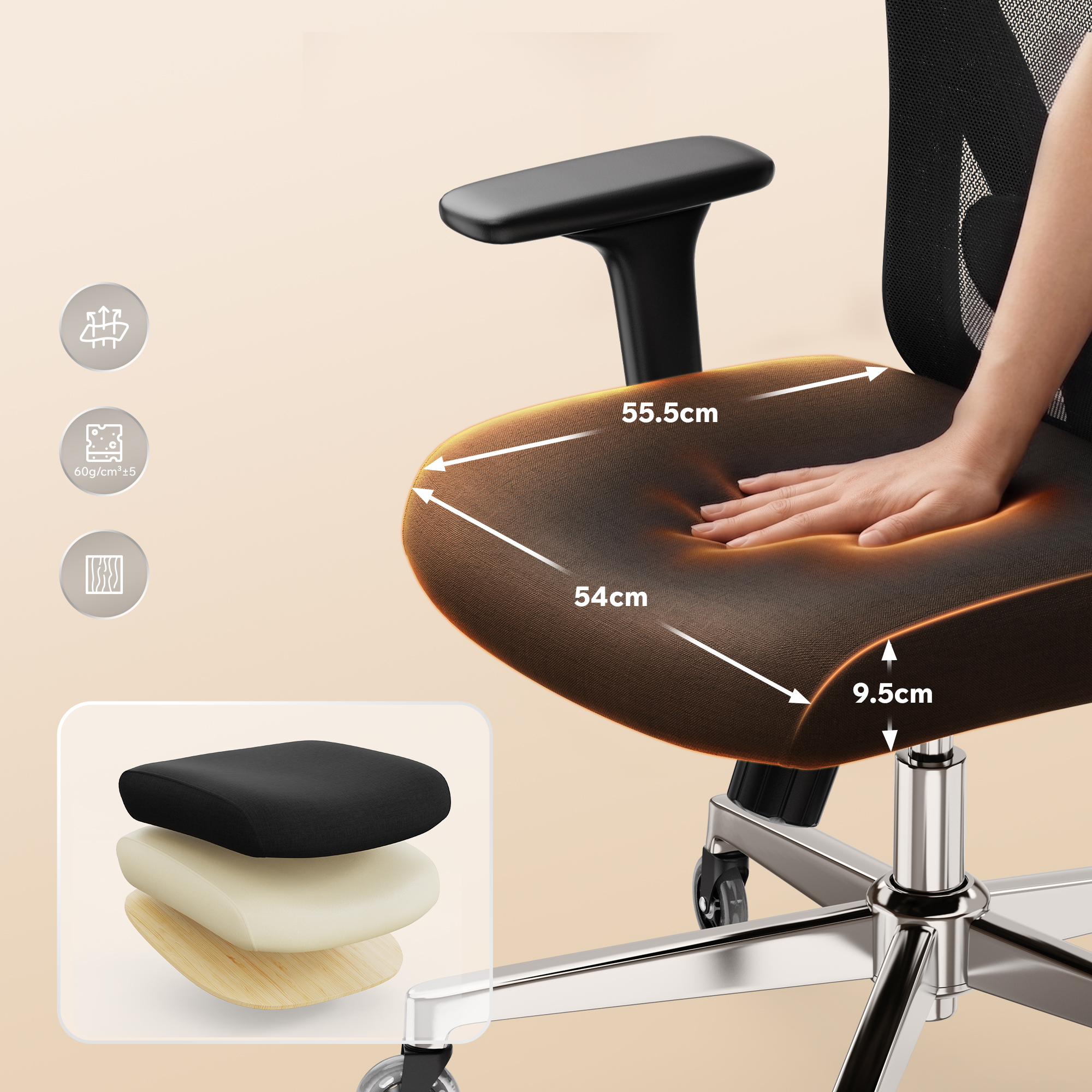 Hand drückt auf den ergonomischen Bürostuhl mit Maßangaben für Sitzbreite und -tiefe sowie Schichtgrafik.