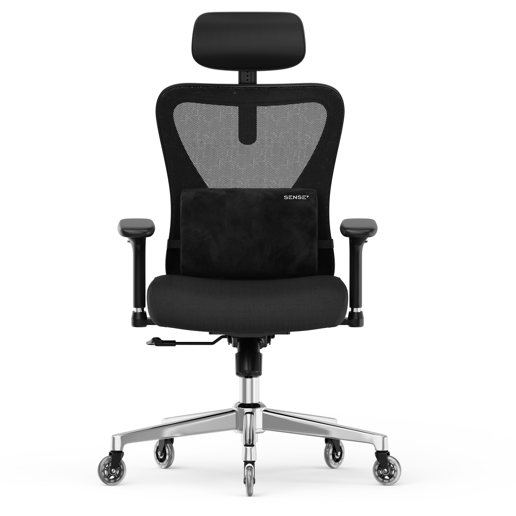 Schwarzer ergonomischer Buerostuhl mit Kopfstuetze, Lendenkissen und silbernem Sternfuss auf Rollen.