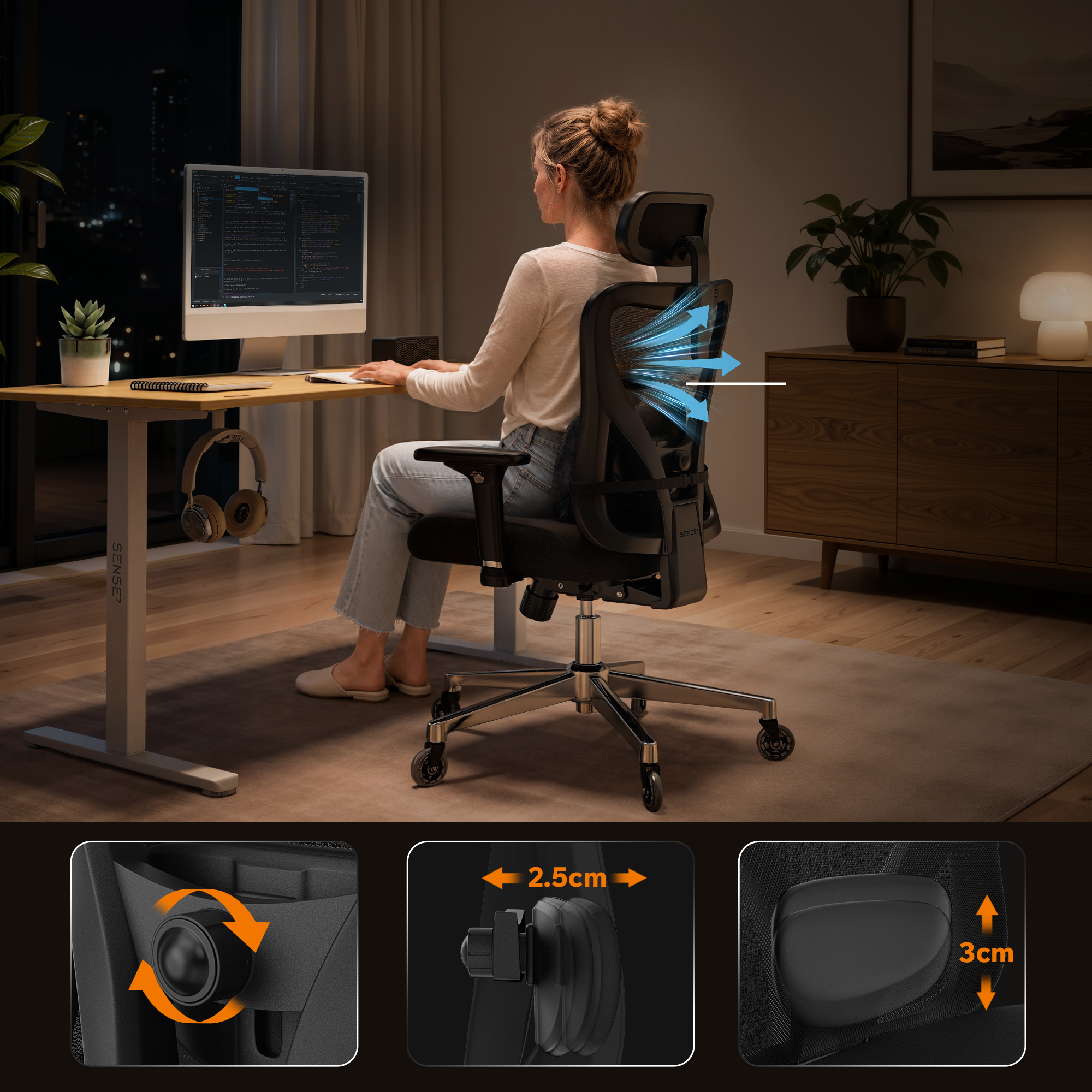 Eine Frau arbeitet an einem Schreibtisch auf einem ergonomischen schwarzen Netz-Bürostuhl mit verstellbaren Funktionen.