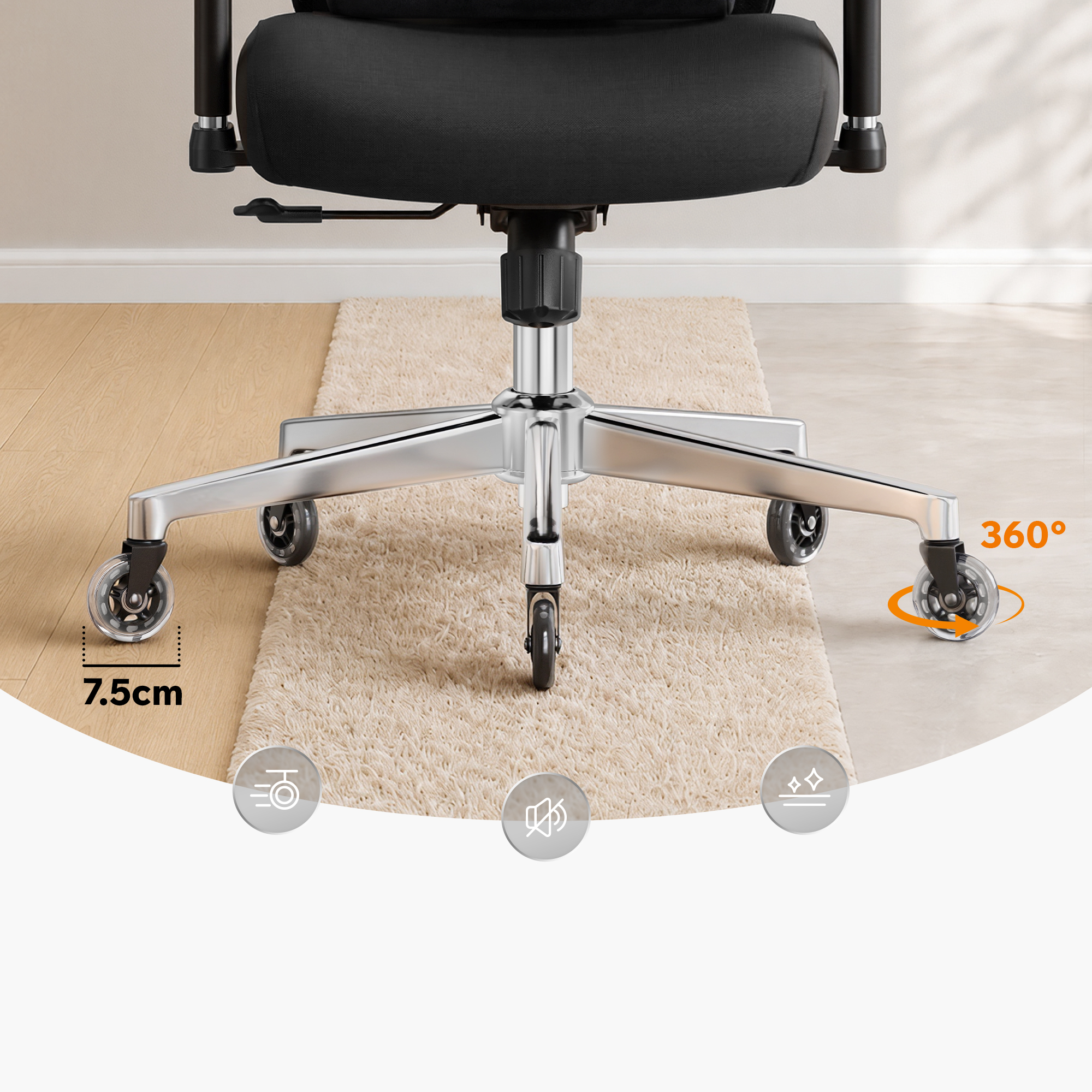 Bürostuhlbasis mit silbernen Metallbeinen, 7,5-cm-Rädern und 360-Grad-Drehsymbolen auf einem Teppich.