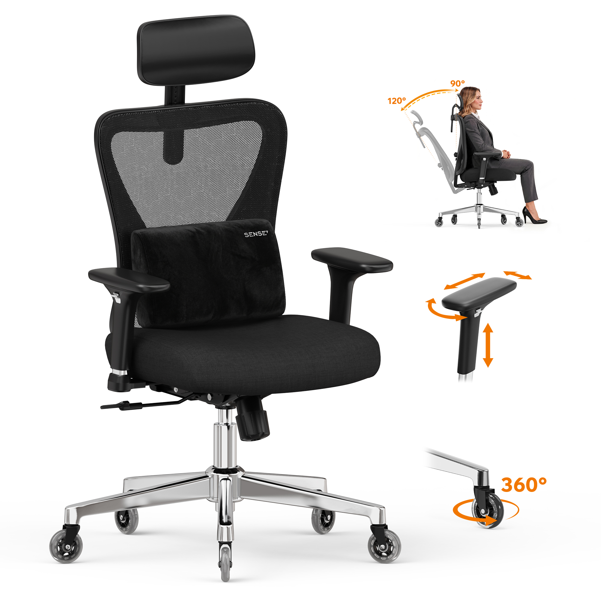 Schwarzer ergonomischer Buerostuhl mit Kissen, verstellbaren Armlehnen, Kopfstuetze und Rollen.