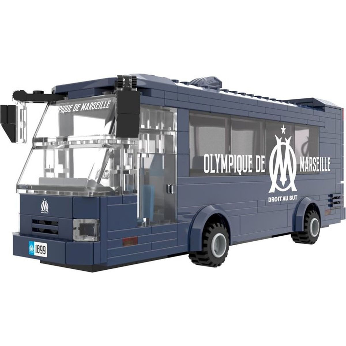 Ein blauer LEGO-Bus mit Aufschrift "Olympique de Marseille" auf der Seite vor weißem Hintergrund.