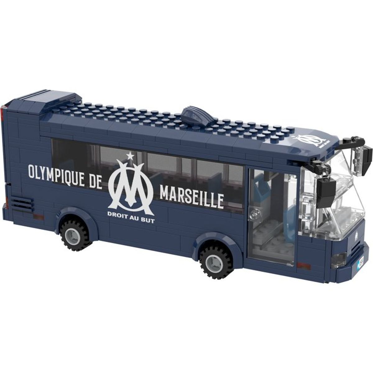 Ein blauer Lego-Bus mit Aufschrift "Olympique de Marseille" auf der Seite.
