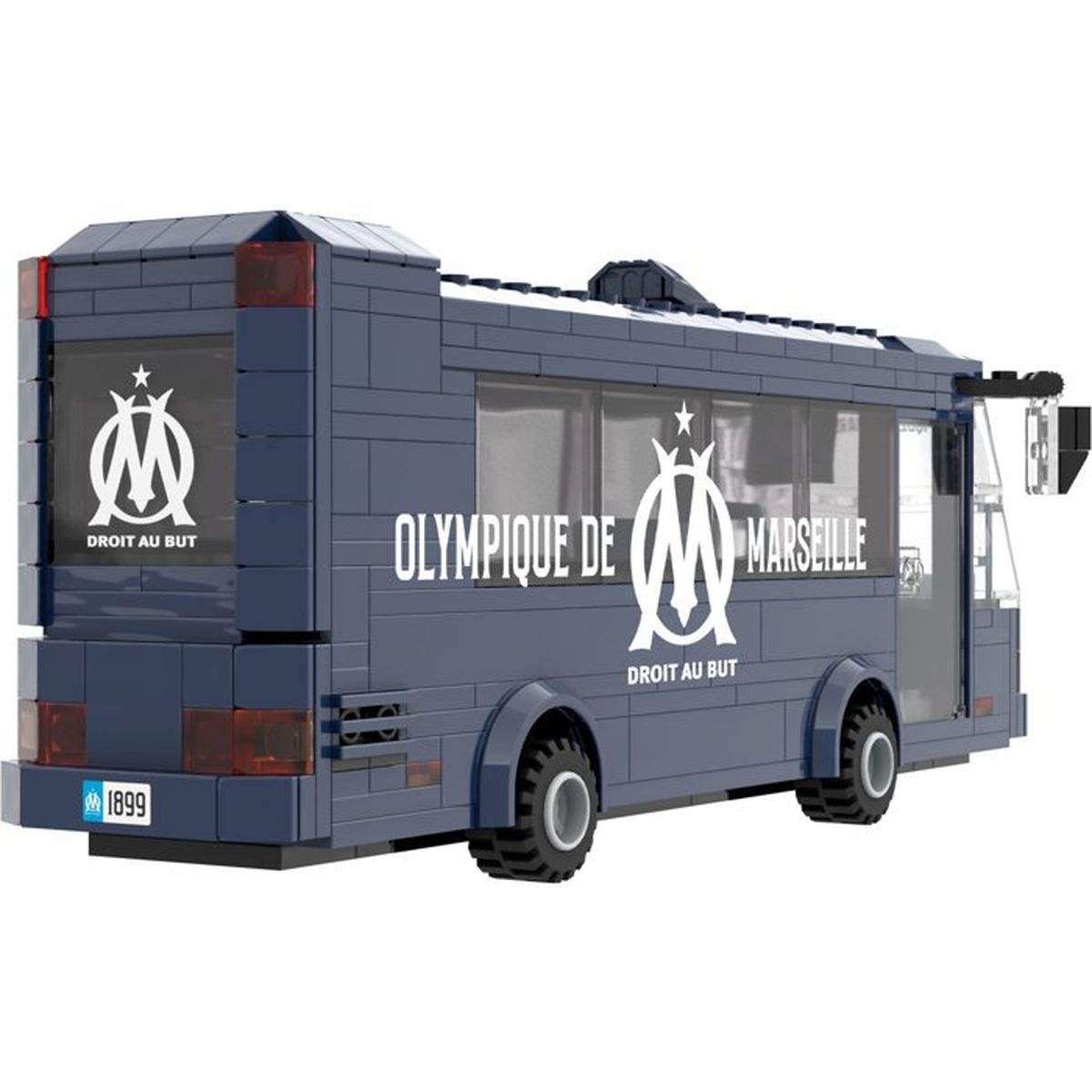 Ein blauer Lego-Bus mit dem Logo von Olympique de Marseille auf der Seite.