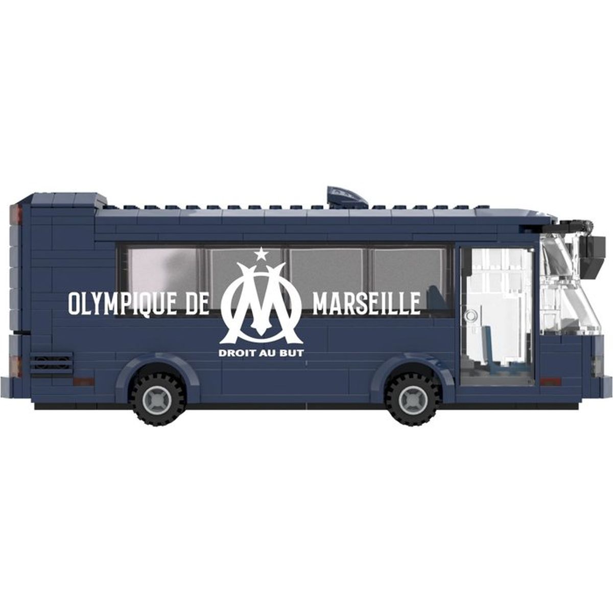 Ein blauer Lego-Bus mit dem Logo und Schriftzug von Olympique de Marseille an der Seite.