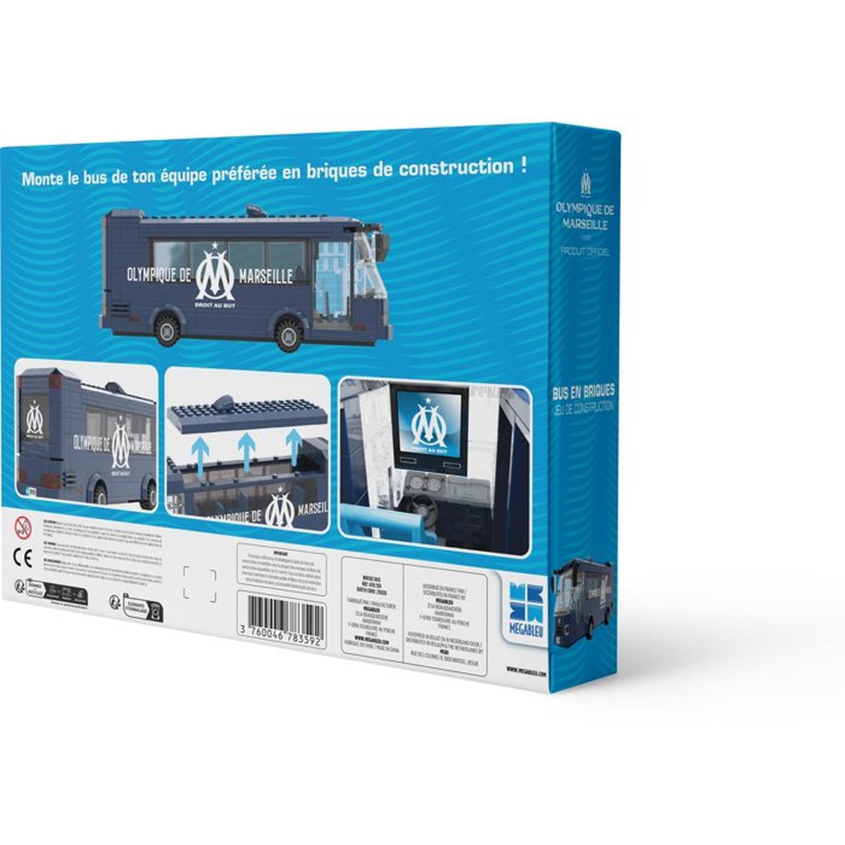 Blaue Spielzeugbus-Baukastenschachtel mit Olympique de Marseille Branding und Montage-Details.