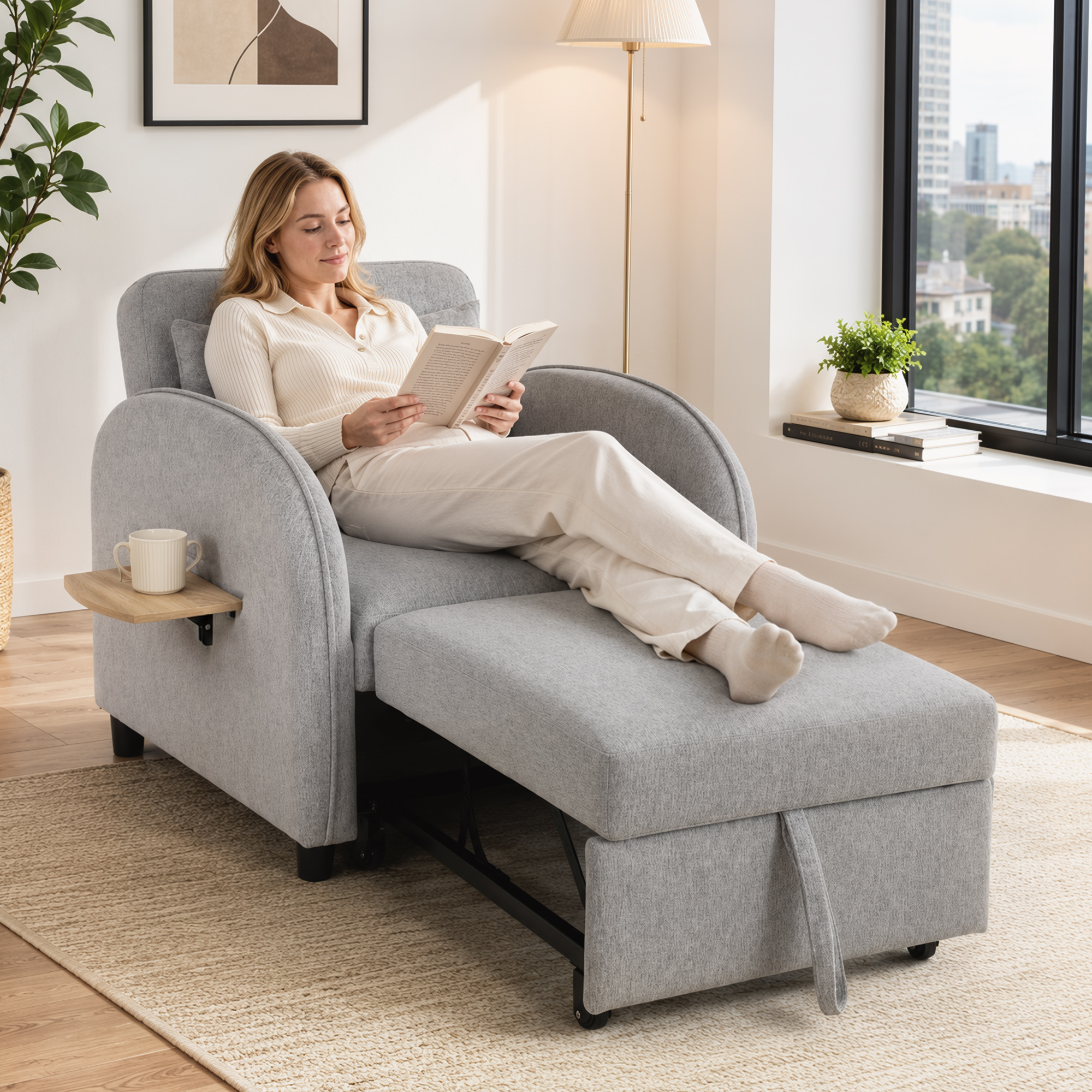 Una mujer rubia lee un libro en un sillón gris con reposapiés extensible y mesita auxiliar.