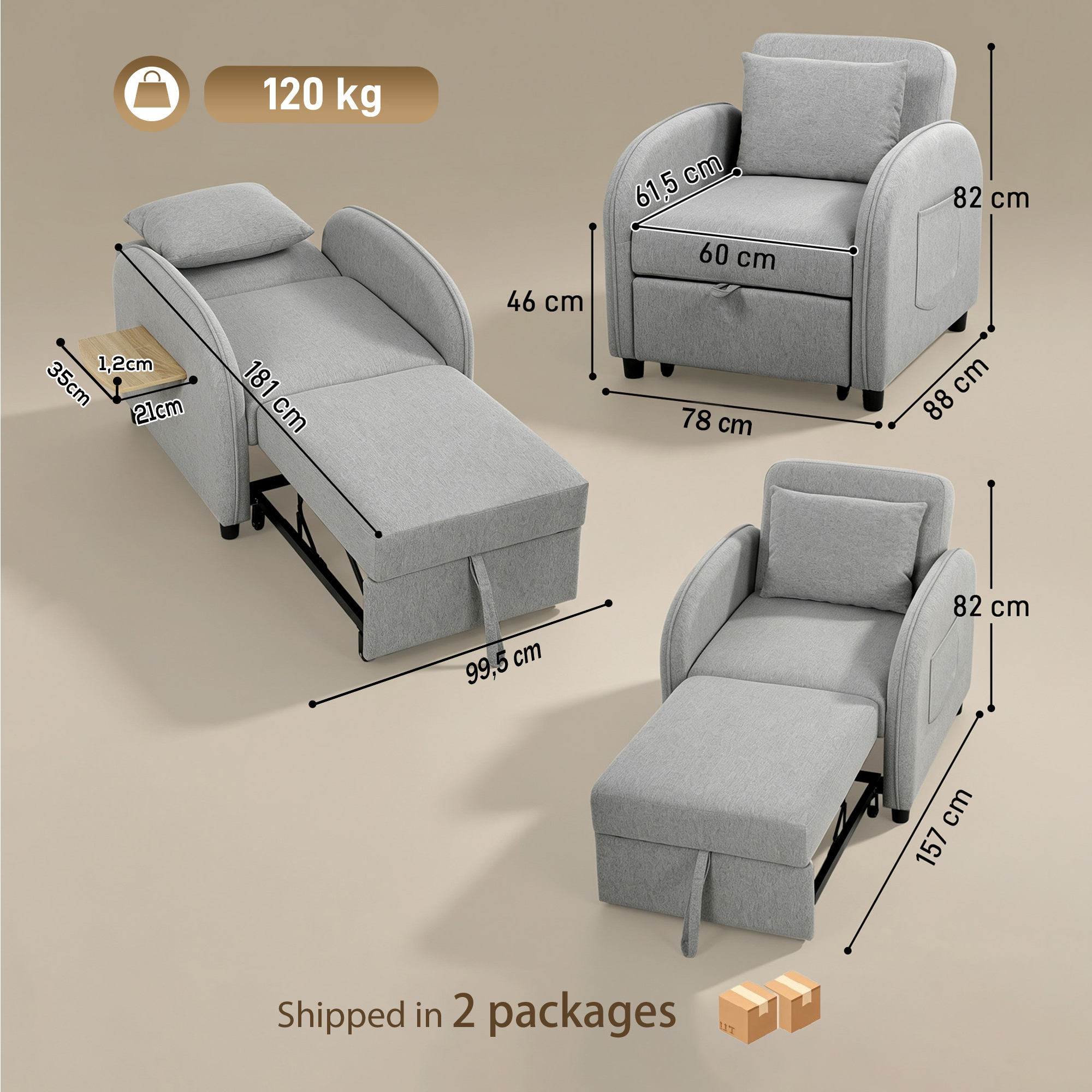 Sillón gris con medidas que se convierte en cama.