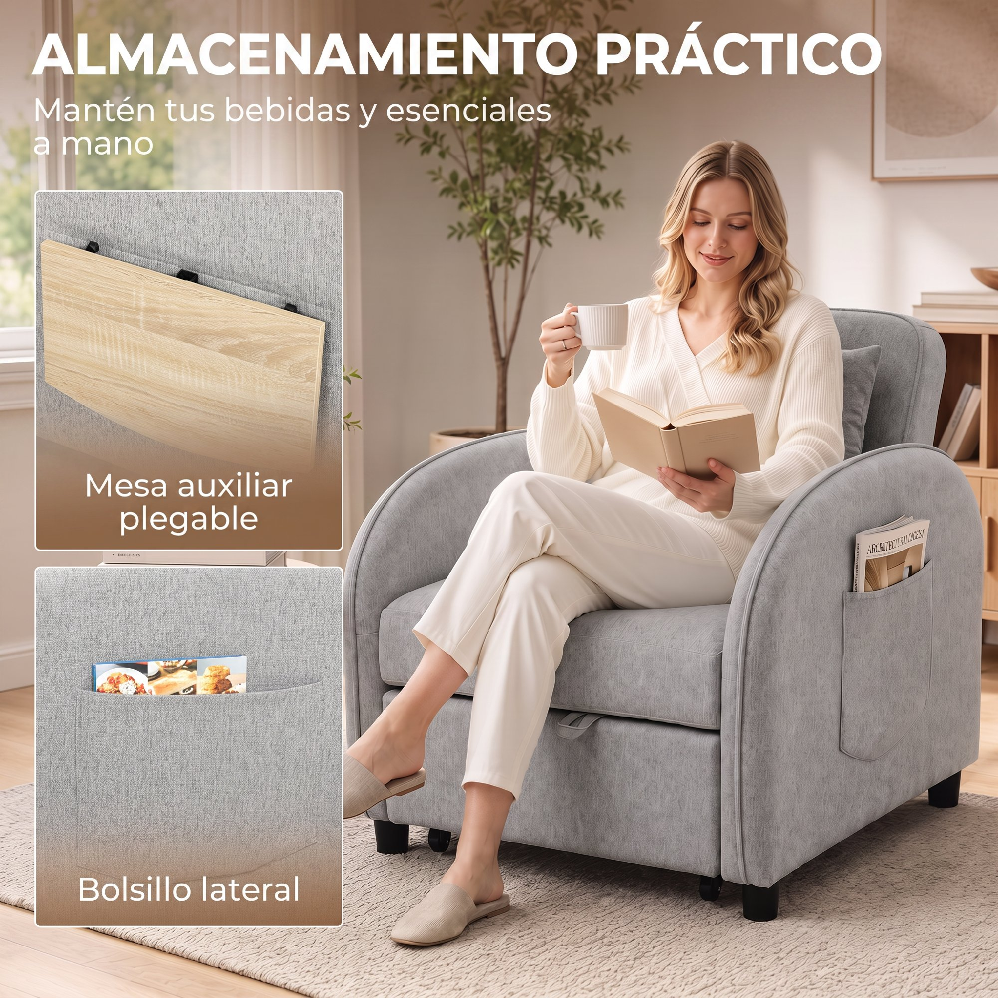 Una mujer en sillón gris lee un libro y bebe café. Insertos muestran una mesa plegable y un bolsillo lateral.
