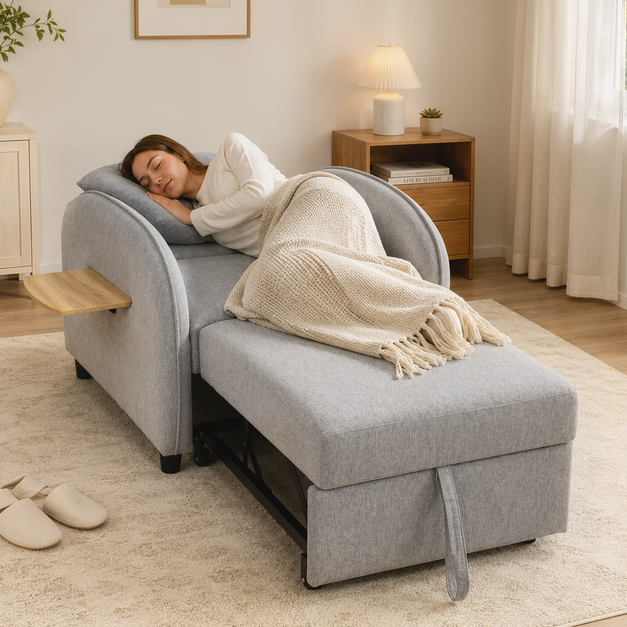 Una mujer duerme plácidamente en un sillón gris extensible, cubierta con una manta clara.