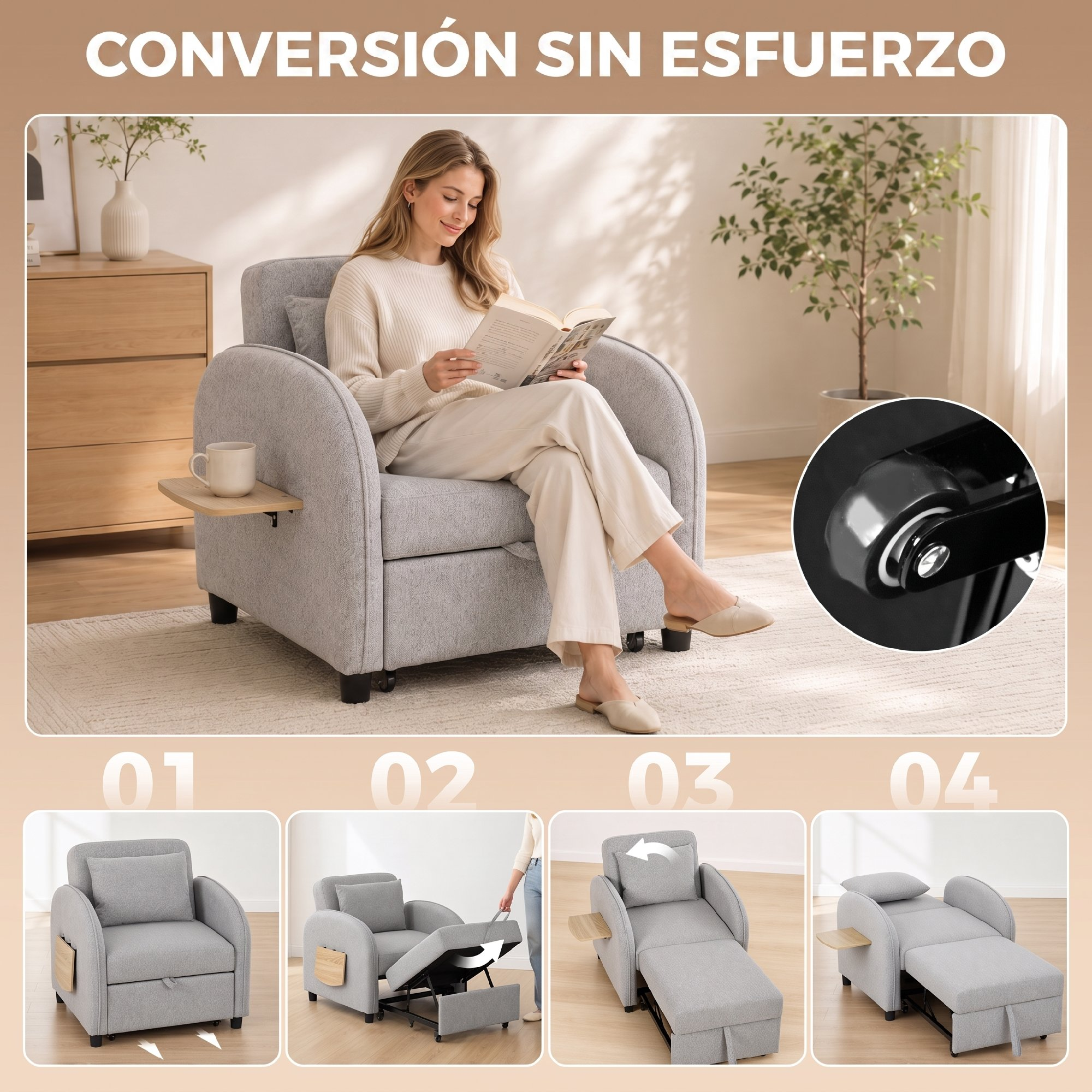 Una mujer lee en un sillón gris convertible con mesita, mostrando los pasos para hacerlo cama.