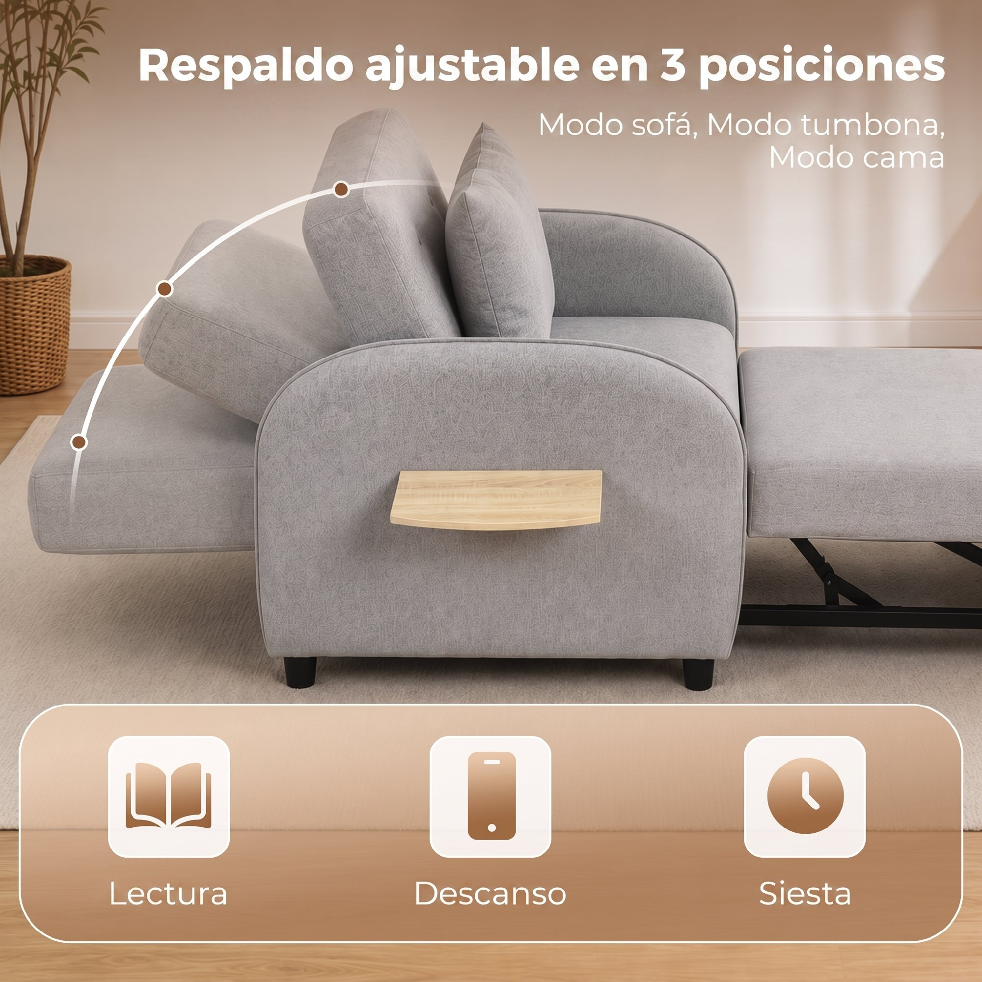 Sofá cama gris claro ajustable con mesita auxiliar, mostrado en varias posiciones.