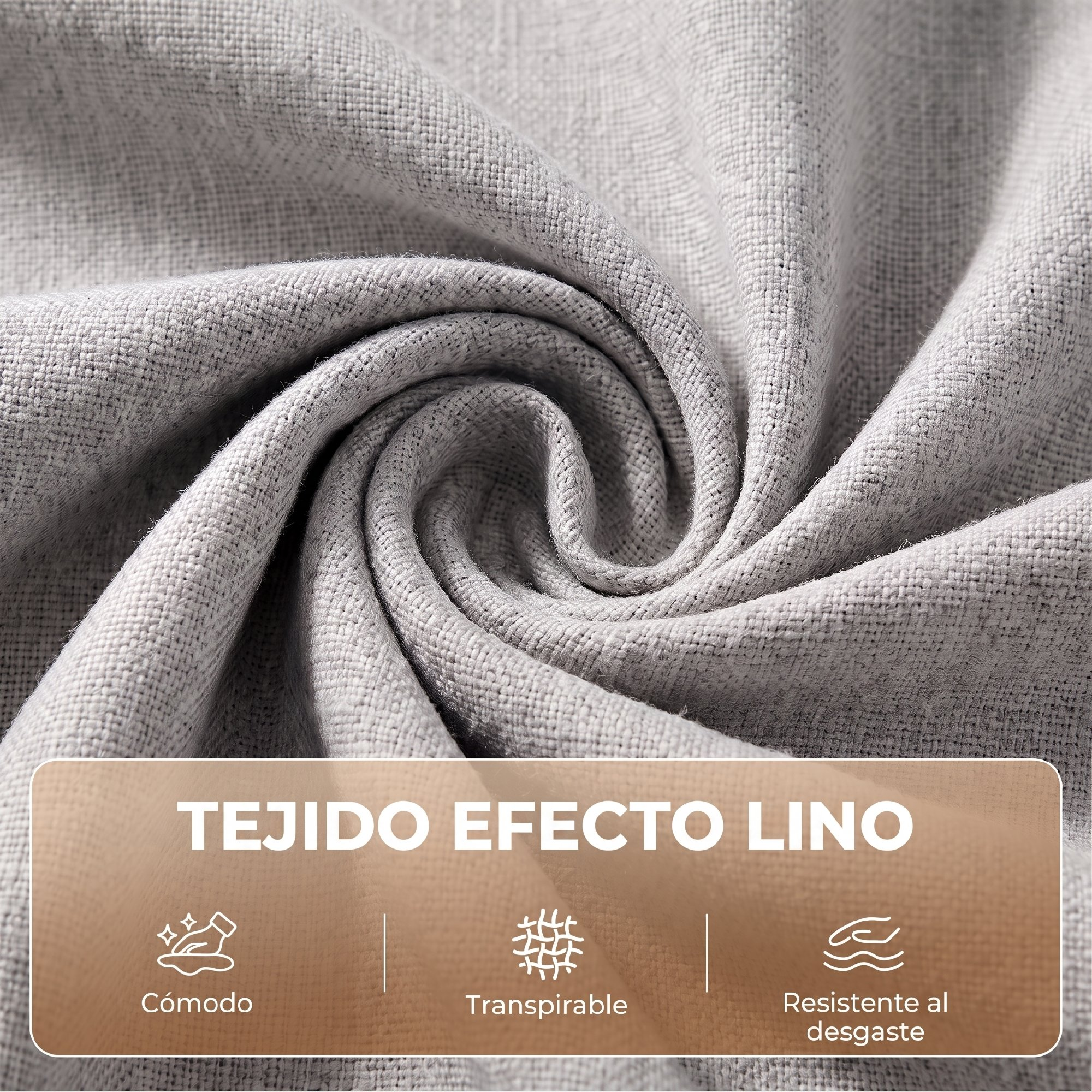 Tela gris efecto lino con remolino texturizado e iconos de comodidad, transpirabilidad y durabilidad.