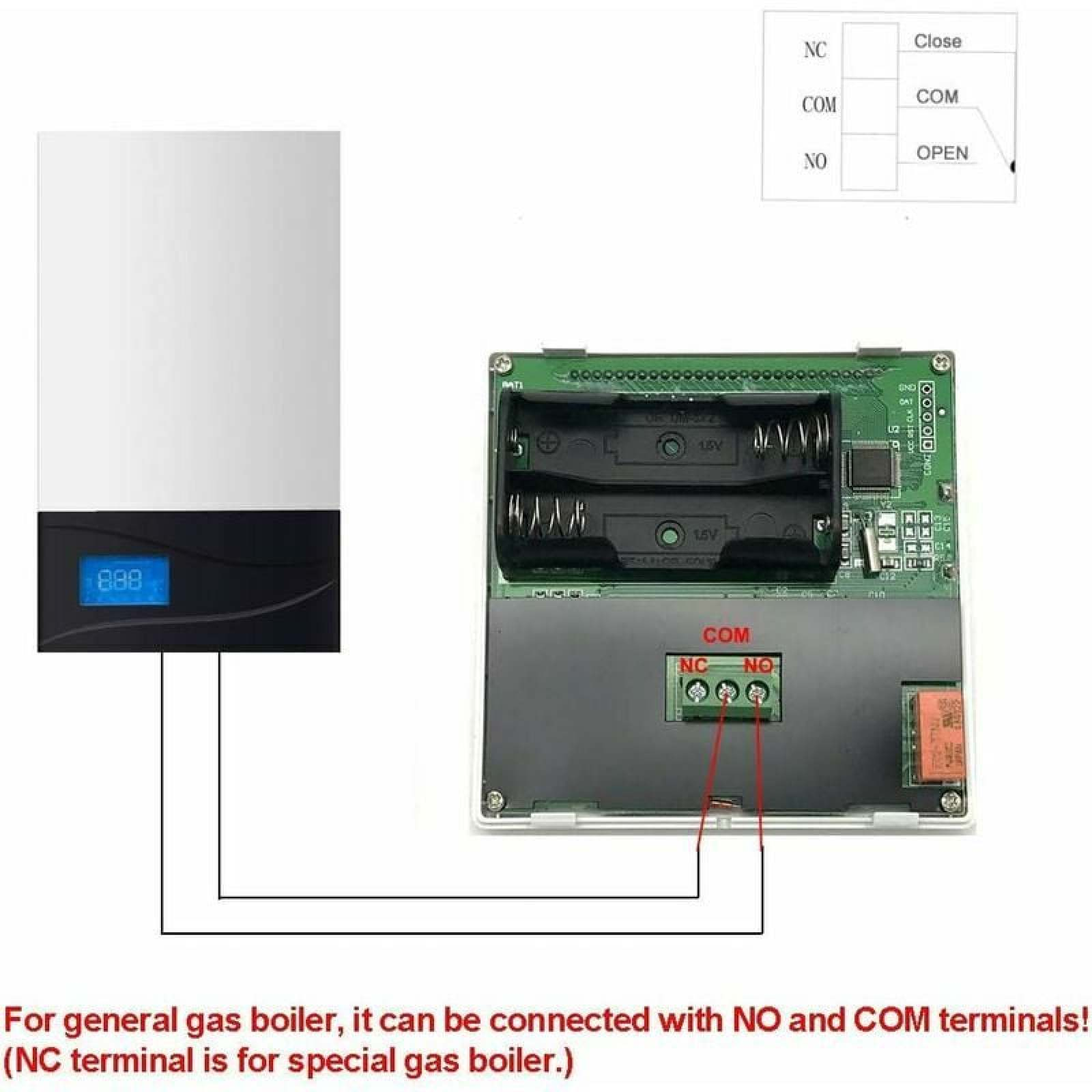 Diagramm zeigt die Verdrahtung einer Gasthermen-Steuerplatine mit Batteriefächern und Klemmen.
