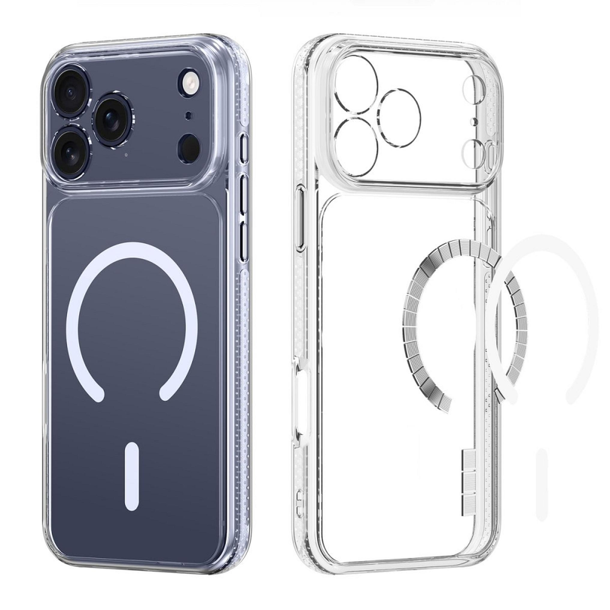 Zwei klare Handyhüllen, eine auf einem grauen Telefon, mit magnetischen Ladekreisen.