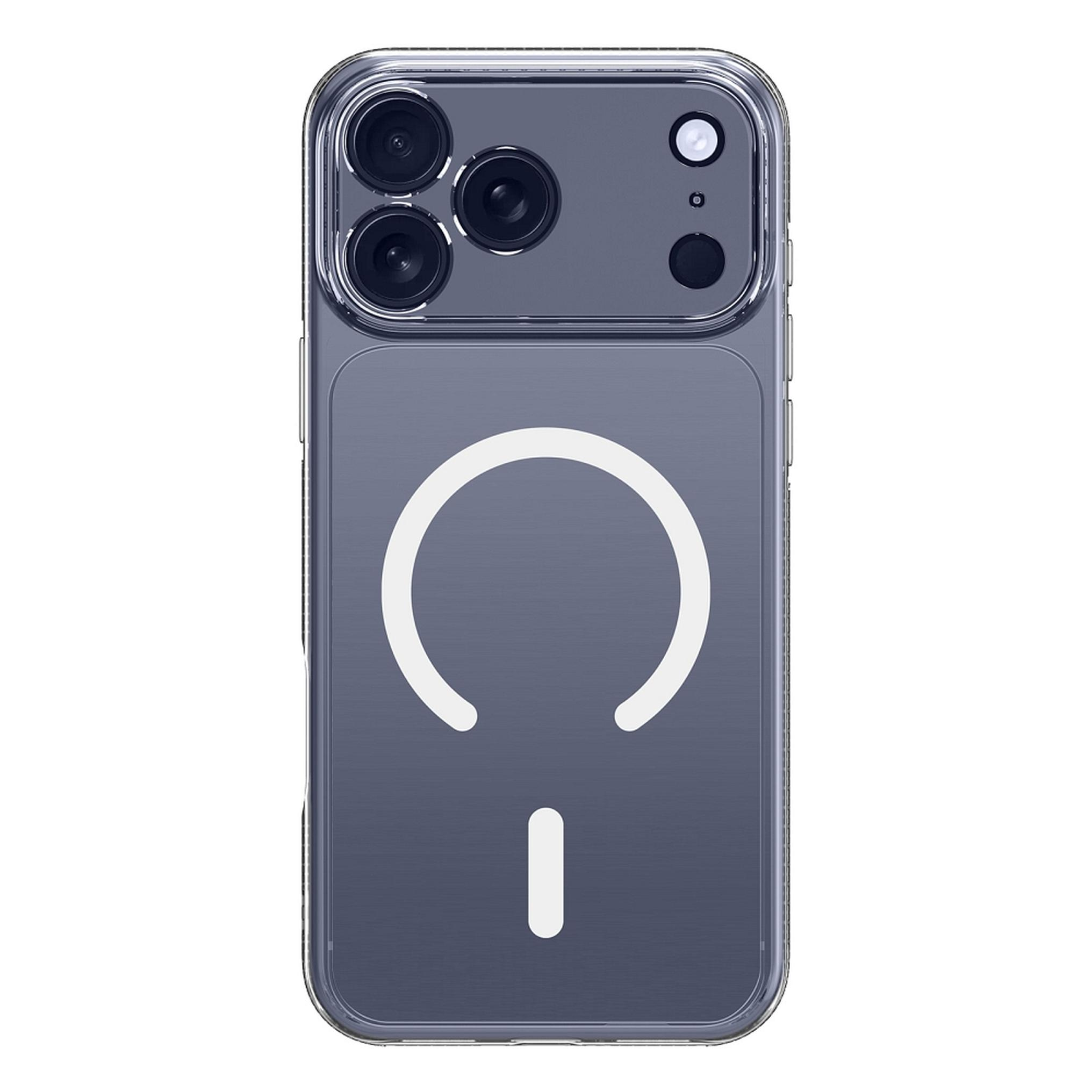 Rückseite eines Smartphones in transparenter Hülle mit MagSafe-Logo und Dreifachkamera.