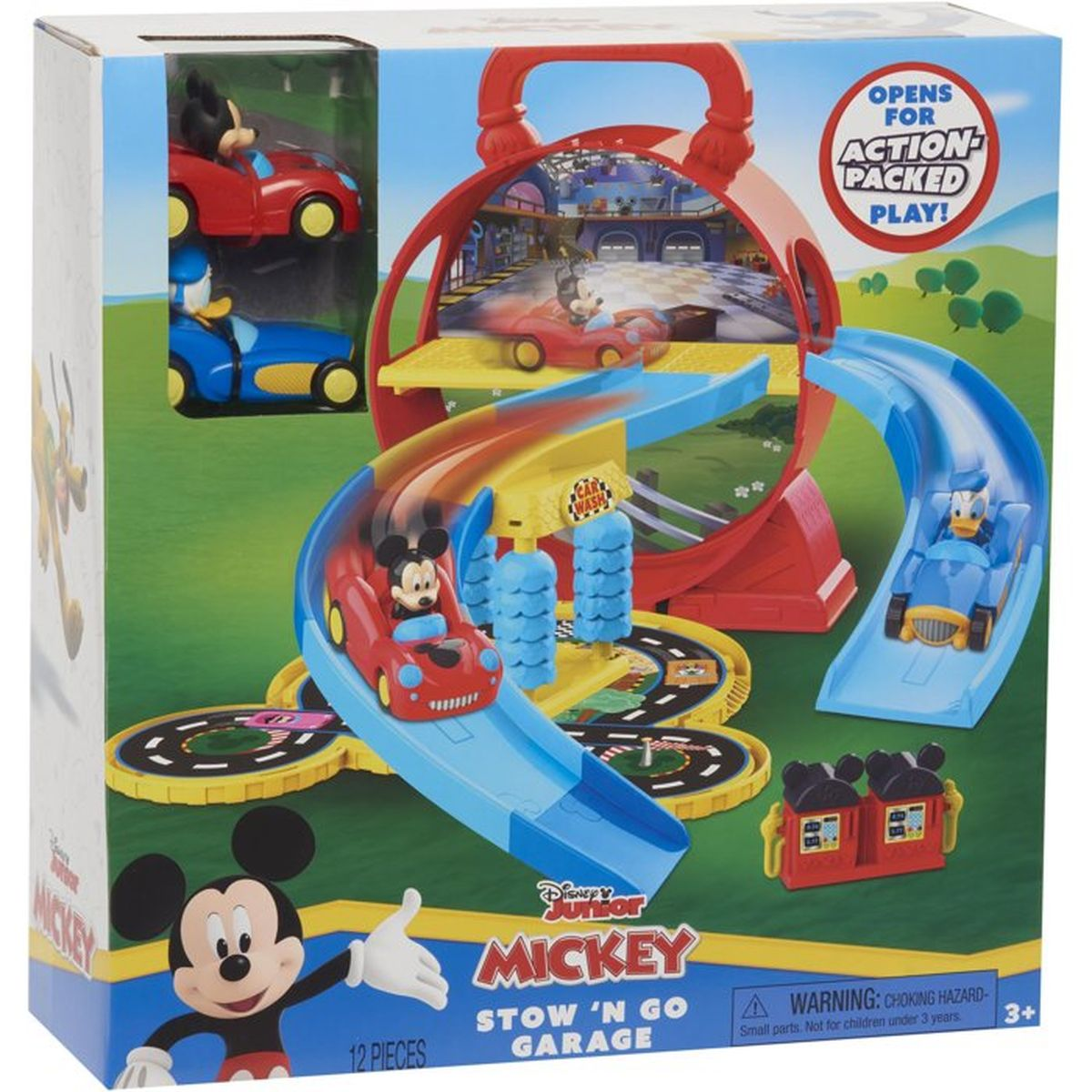 Micky Maus Stow 'n Go Garage Spielset mit Autos, Rampe und Tankstelle in bunter Verpackung.