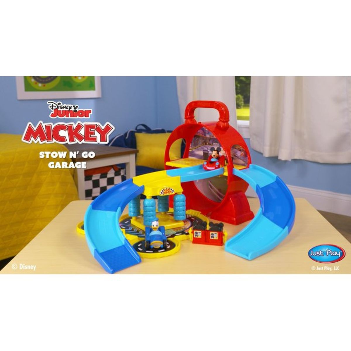 Buntemickey Mouse Stow N Go Garage Spielset mit blauen Rutschen, einer roten Station und Spielfiguren.