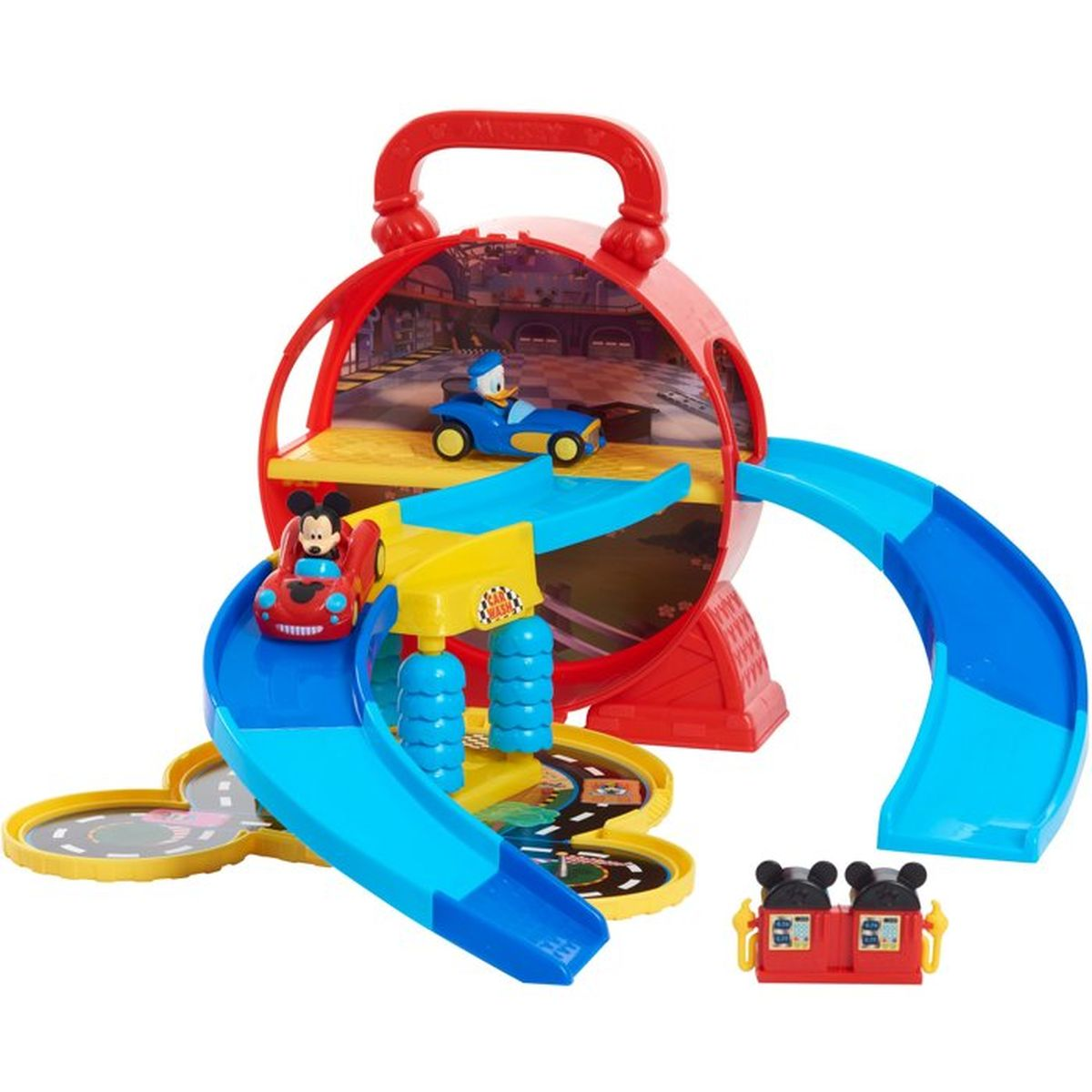 Ein Micky Maus Wunderhaus Spielset mit rotem Koffer, blauen Rutschen, Autos und Figuren.