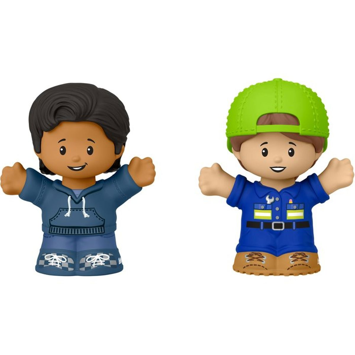 Zwei kleine Spielzeugfiguren, ein Junge im blauen Hoodie und ein Arbeiter mit grünem Helm.