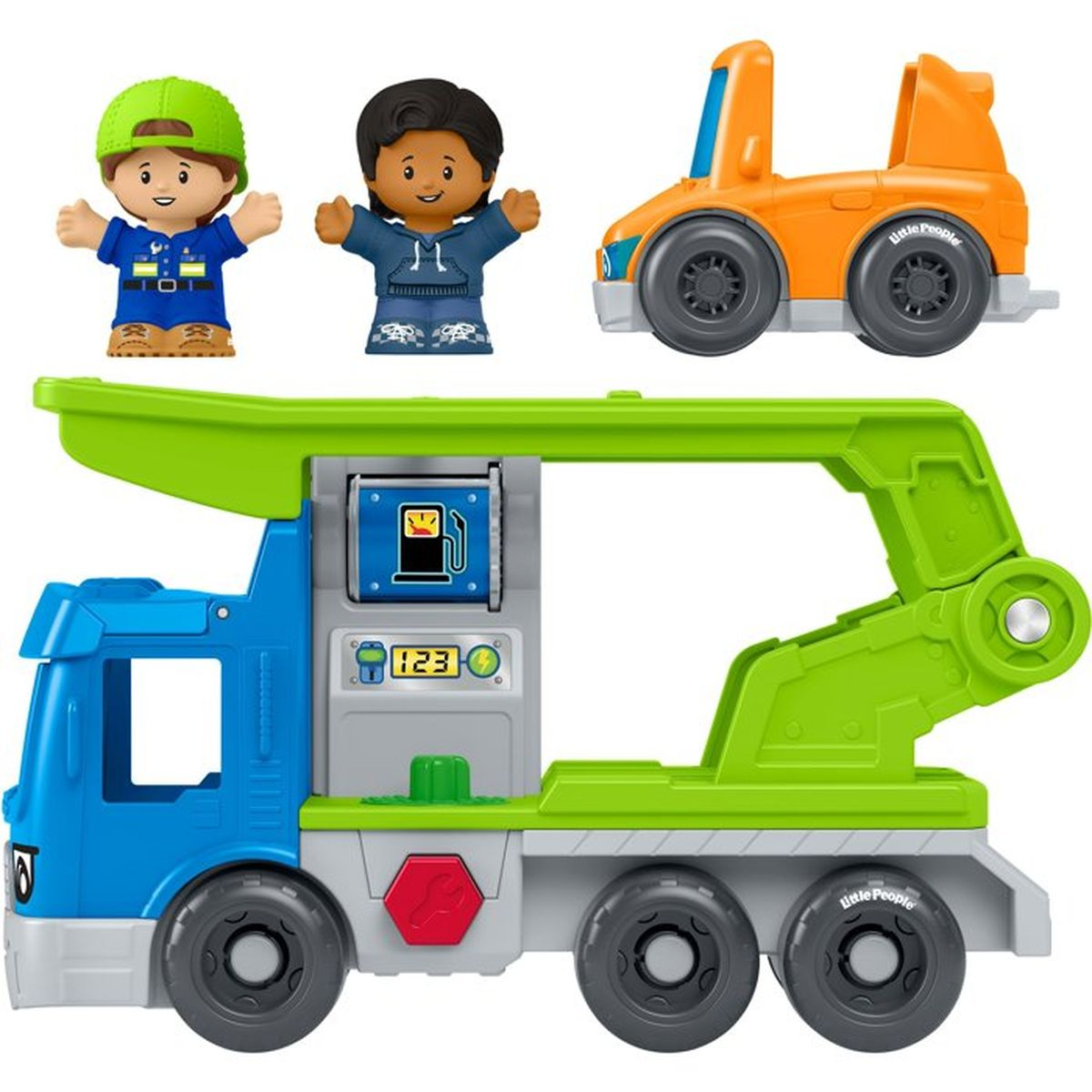 Spielset mit blauem Abschleppwagen, orangenem Auto und zwei Little People Figuren.