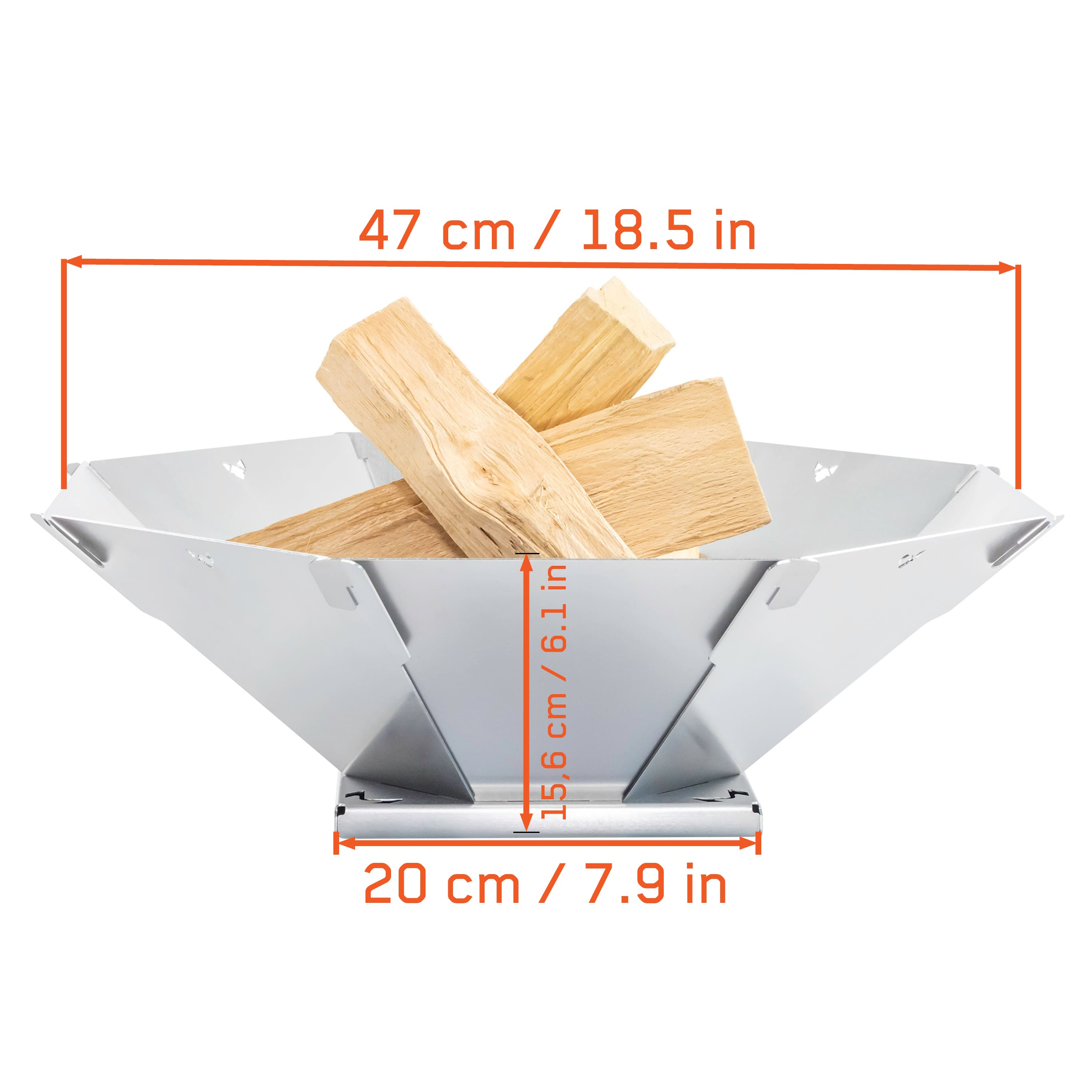 Silberne Feuerschale mit Holzscheiten, Maße: 47 cm breit, 15,6 cm hoch, 20 cm Basis.