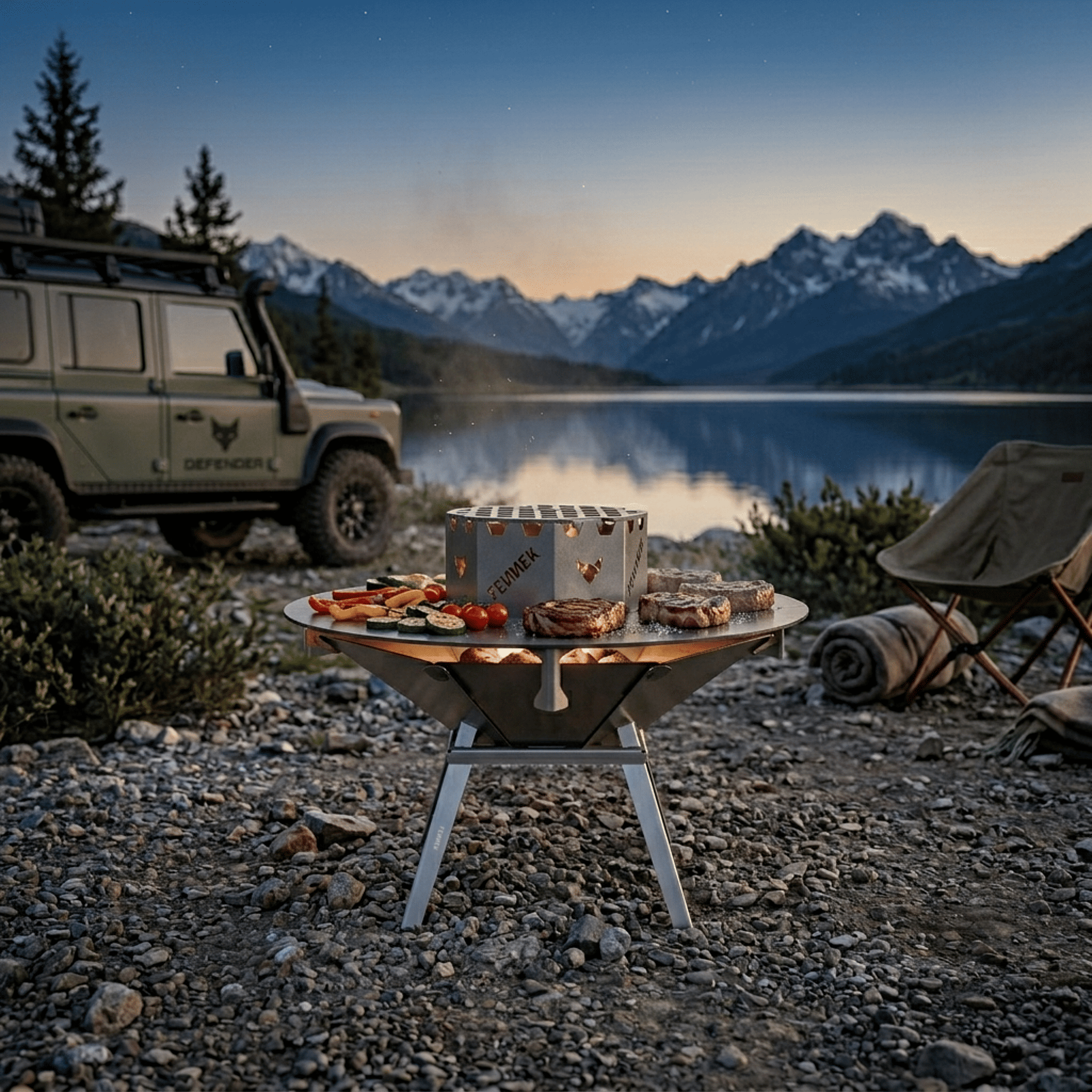 Grill mit Steaks und Gemüse vor einem See und verschneiten Bergen, daneben ein Auto und ein Stuhl.