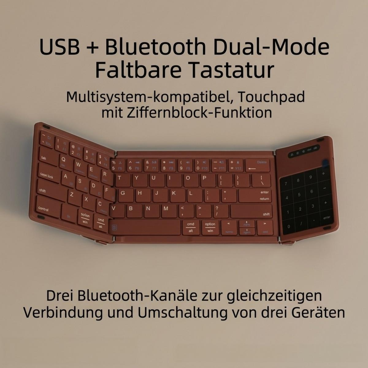 Eine faltbare, braune Bluetooth-Tastatur mit integriertem Touchpad und Ziffernblock auf neutralem Hintergrund.