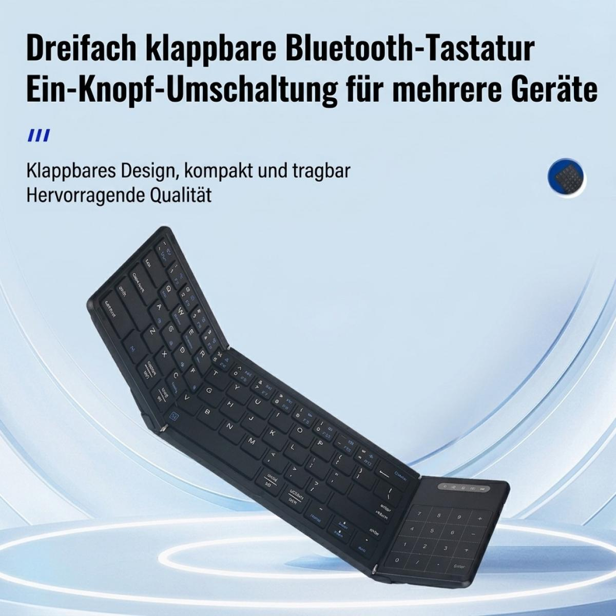 Eine dreifach klappbare Bluetooth-Tastatur in Schwarz auf einer blau geschwungenen Plattform mit deutschem Text.
