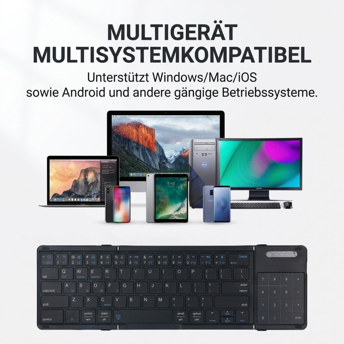 Verschiedene kompatible Geräte wie Laptops, Computer, Tablets und Smartphones unter einer Tastatur.