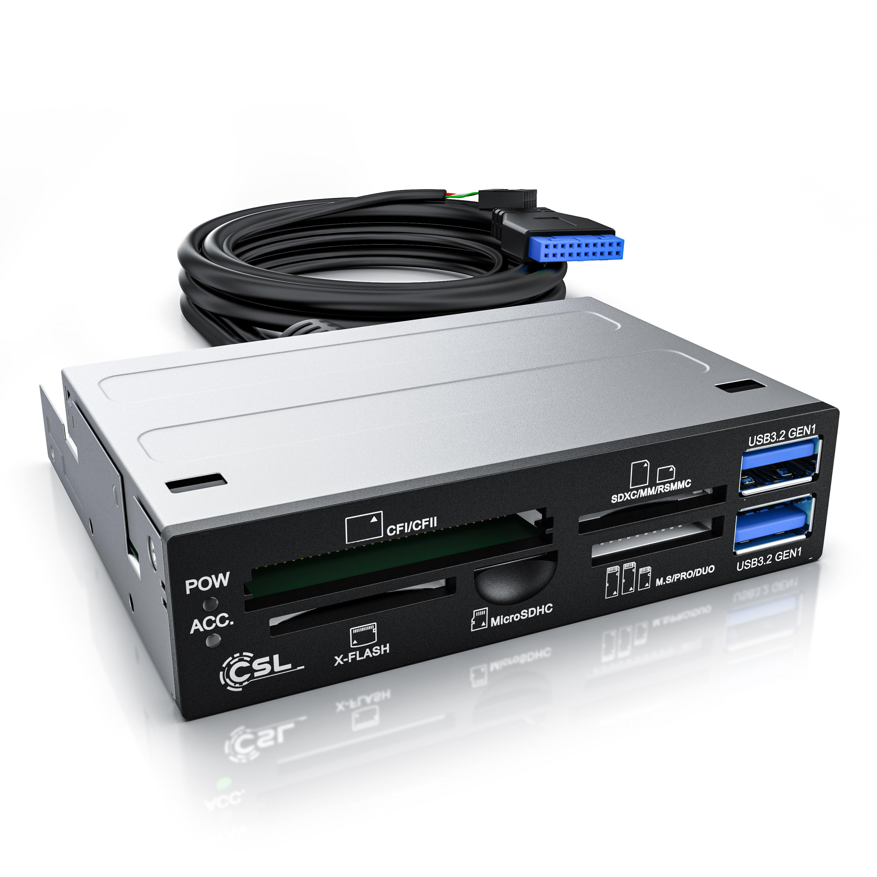 Ein schwarzer CSL-Kartenleser mit USB-Anschlüssen und angeschlossenem Kabel.