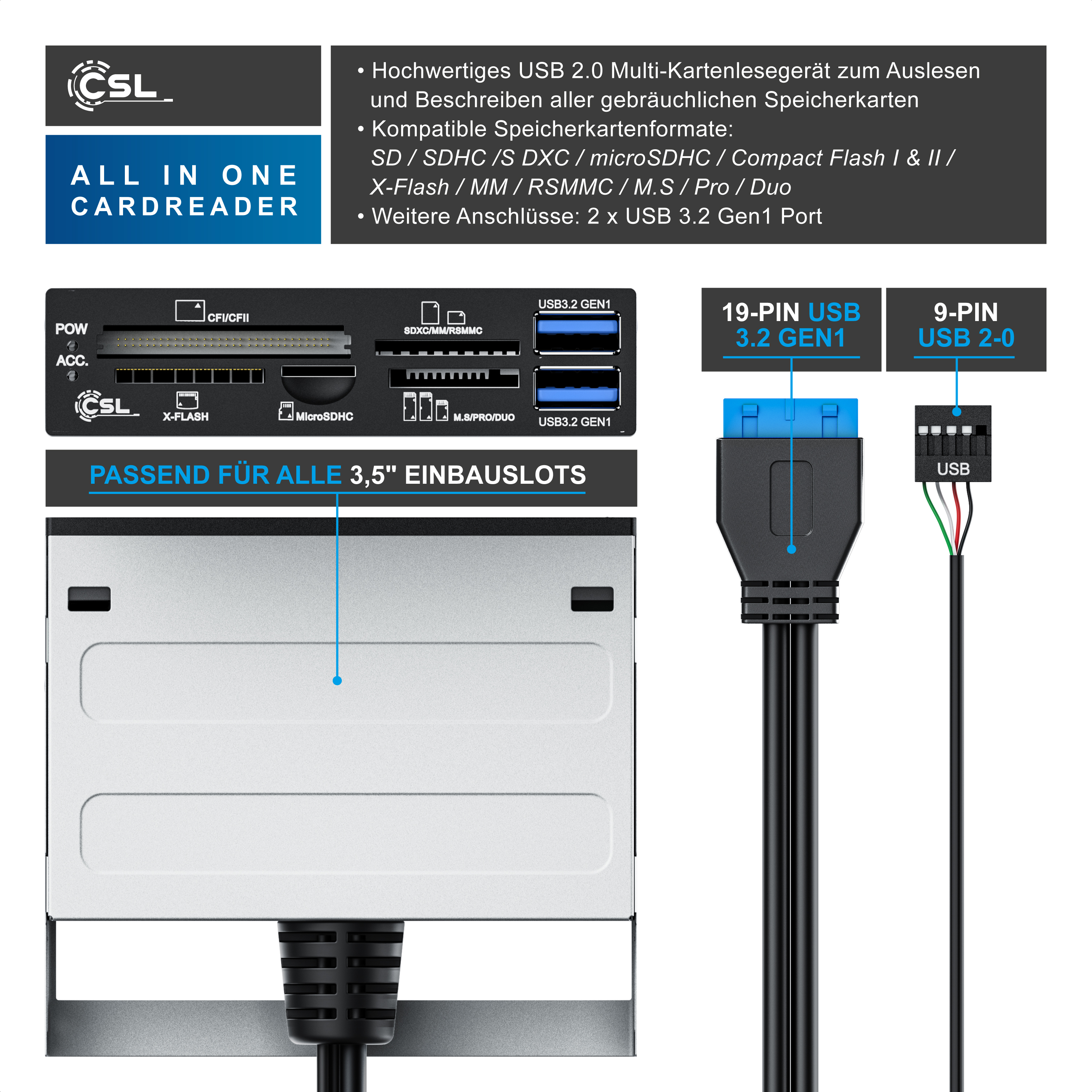 Technisches Diagramm eines CSL 3,5-Zoll-Kartenlesers mit USB-Anschlüssen und Kabeln.