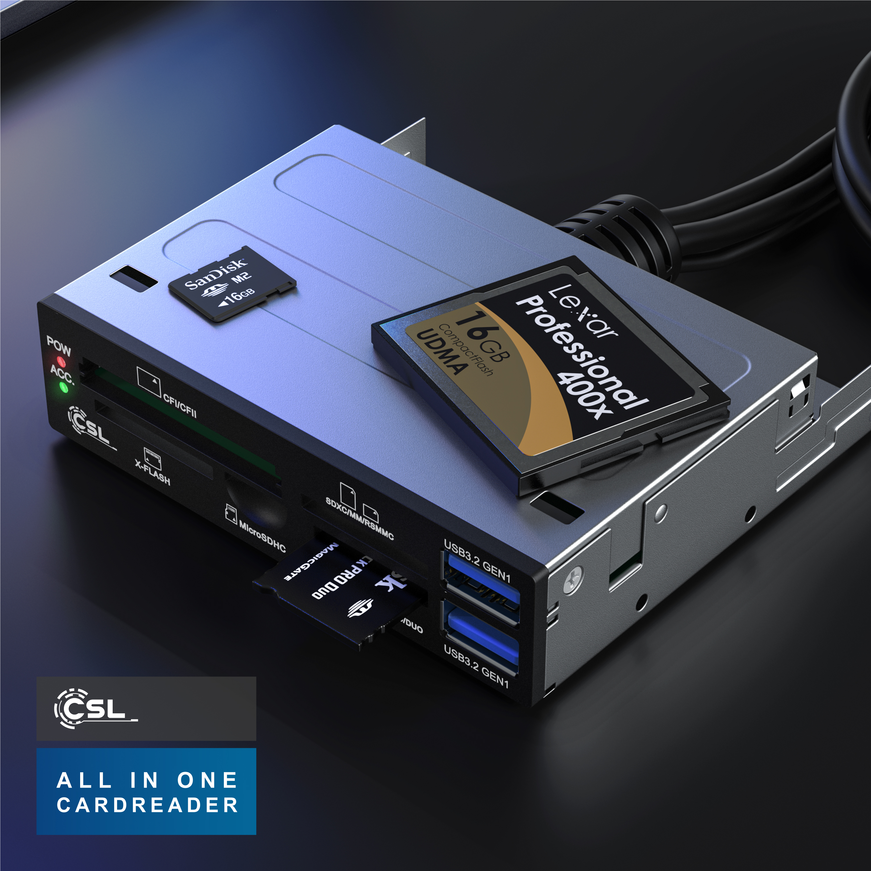 Ein blauer CSL All-in-One-Kartenleser mit eingesteckten Speicherkarten auf einer schwarzen Oberfläche.