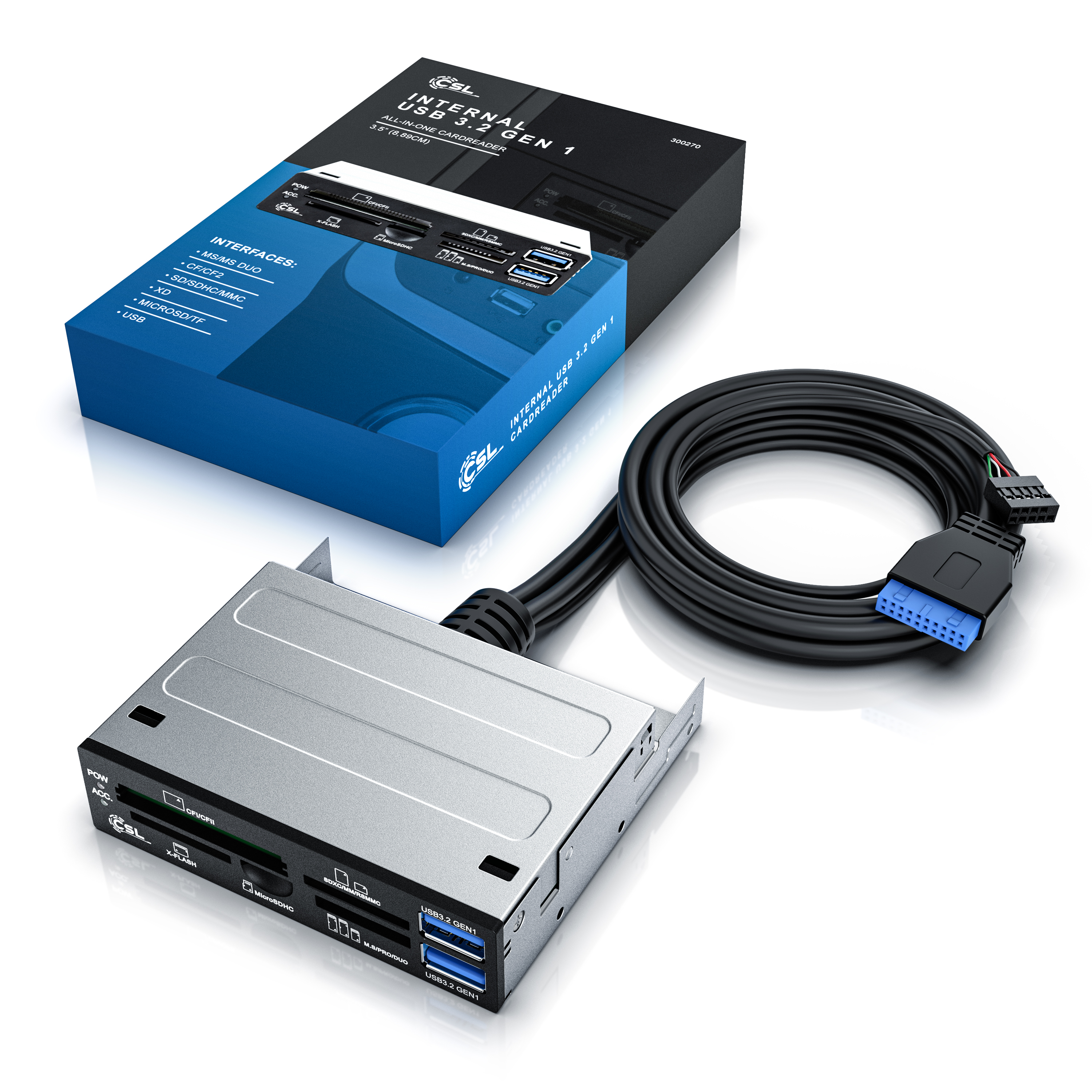 Ein interner USB 3.2 Gen 1 Cardreader in silbernem Gehäuse mit Kabel und blauer Produktverpackung.