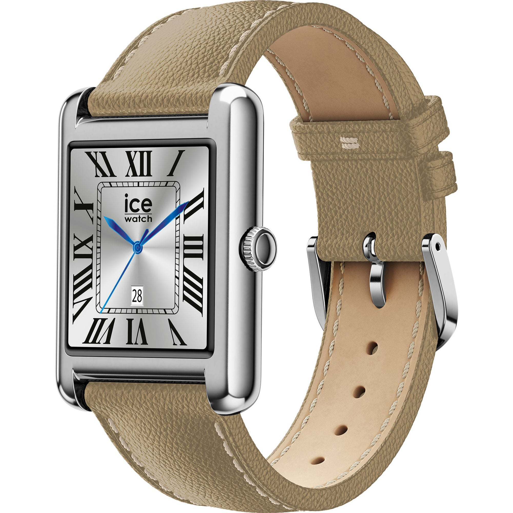 Orologio rettangolare argentato con numeri romani, lancette blu, data e cinturino in pelle beige su bianco.
