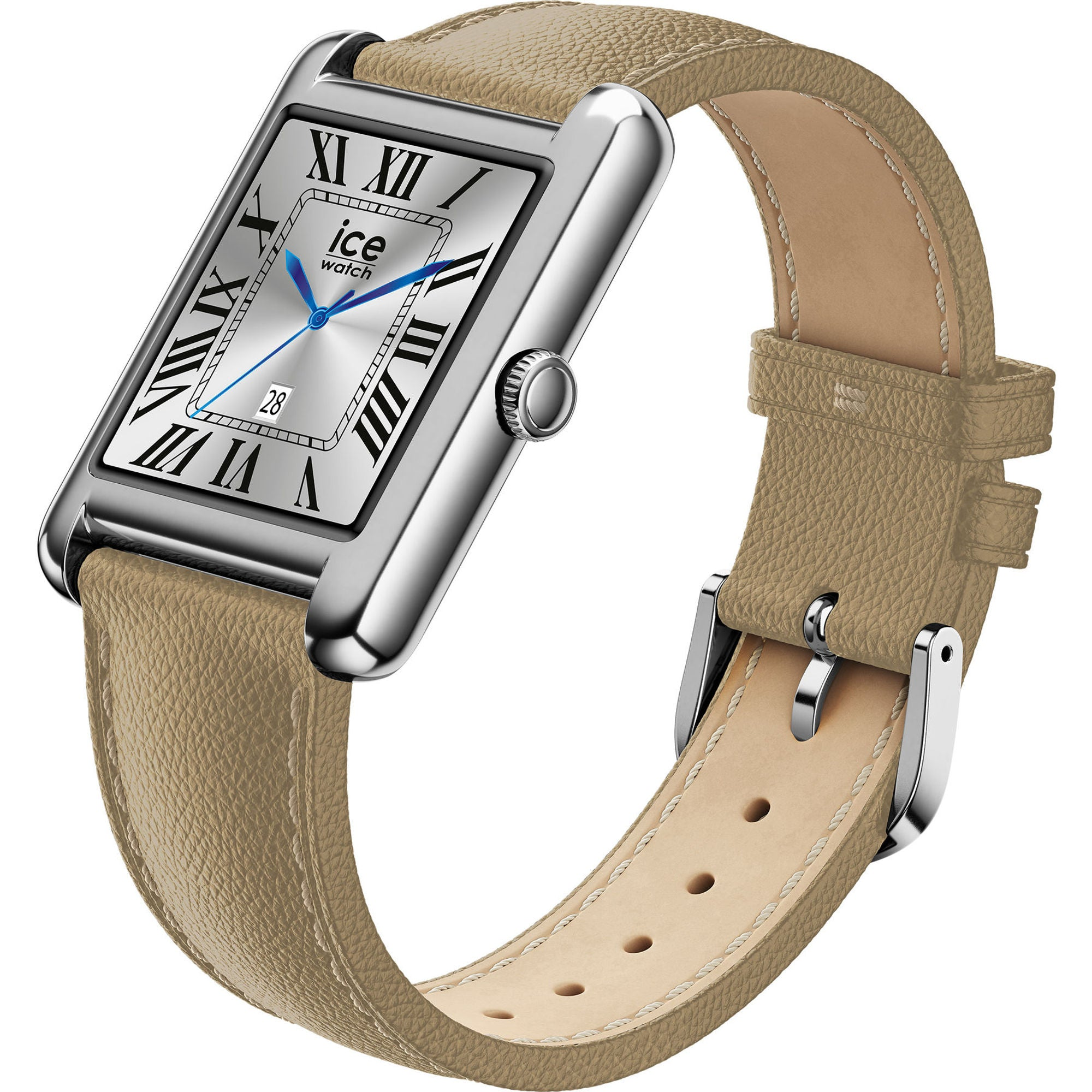 Un orologio da polso rettangolare con quadrante argento, numeri romani e cinturino in pelle marrone chiaro.