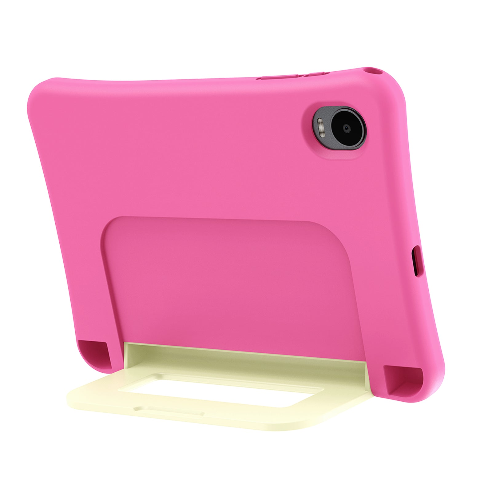 Un tablet rosa in una custodia protettiva si trova su un supporto beige pieghevole su sfondo bianco.