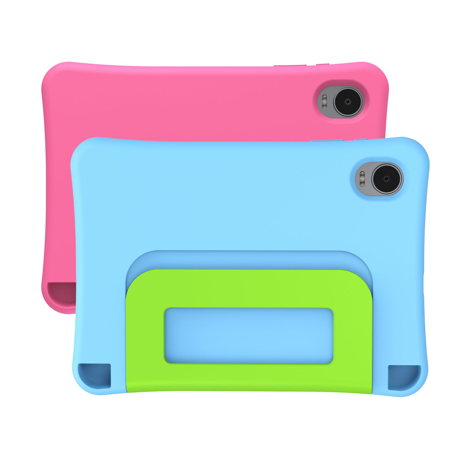 Due custodie per tablet in rosa e blu, quella blu ha un supporto verde, vista posteriore su sfondo bianco.