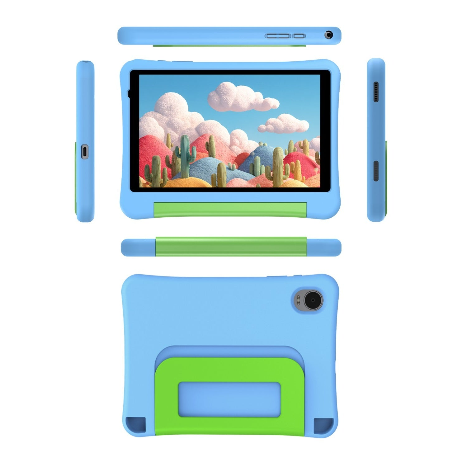 Tablet per bambini in custodia blu con dettagli verdi, mostrato da tutti i lati.