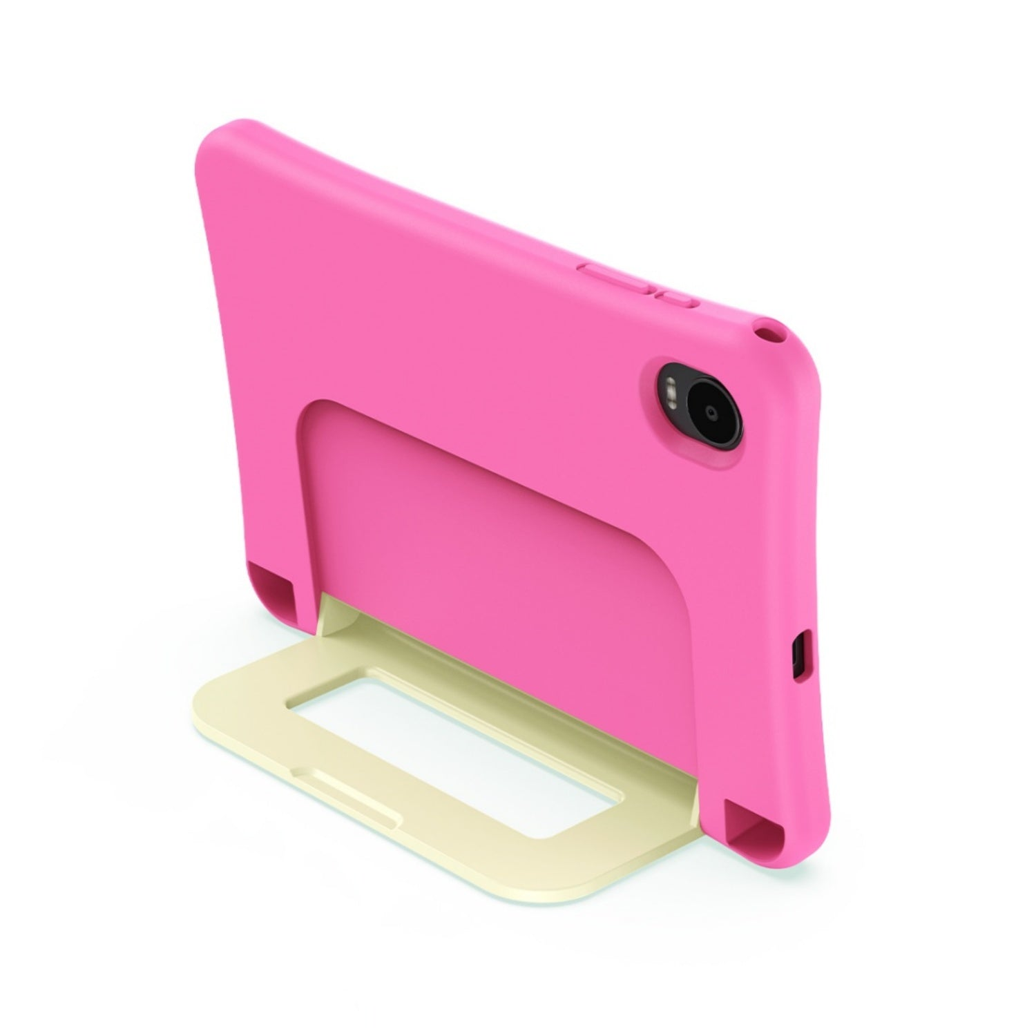 Una custodia per tablet rosa acceso con supporto giallo chiaro integrato su sfondo bianco.
