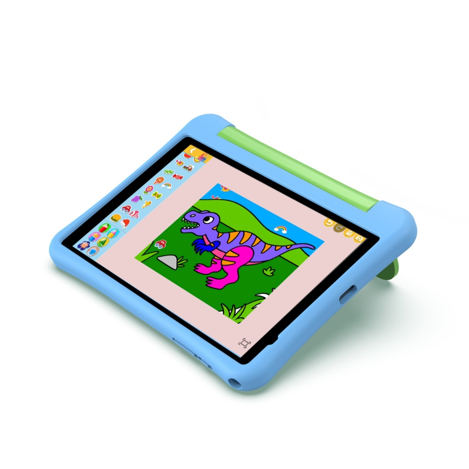 Tablet per bambini in custodia blu con maniglia verde che mostra un'app di dinosauri.