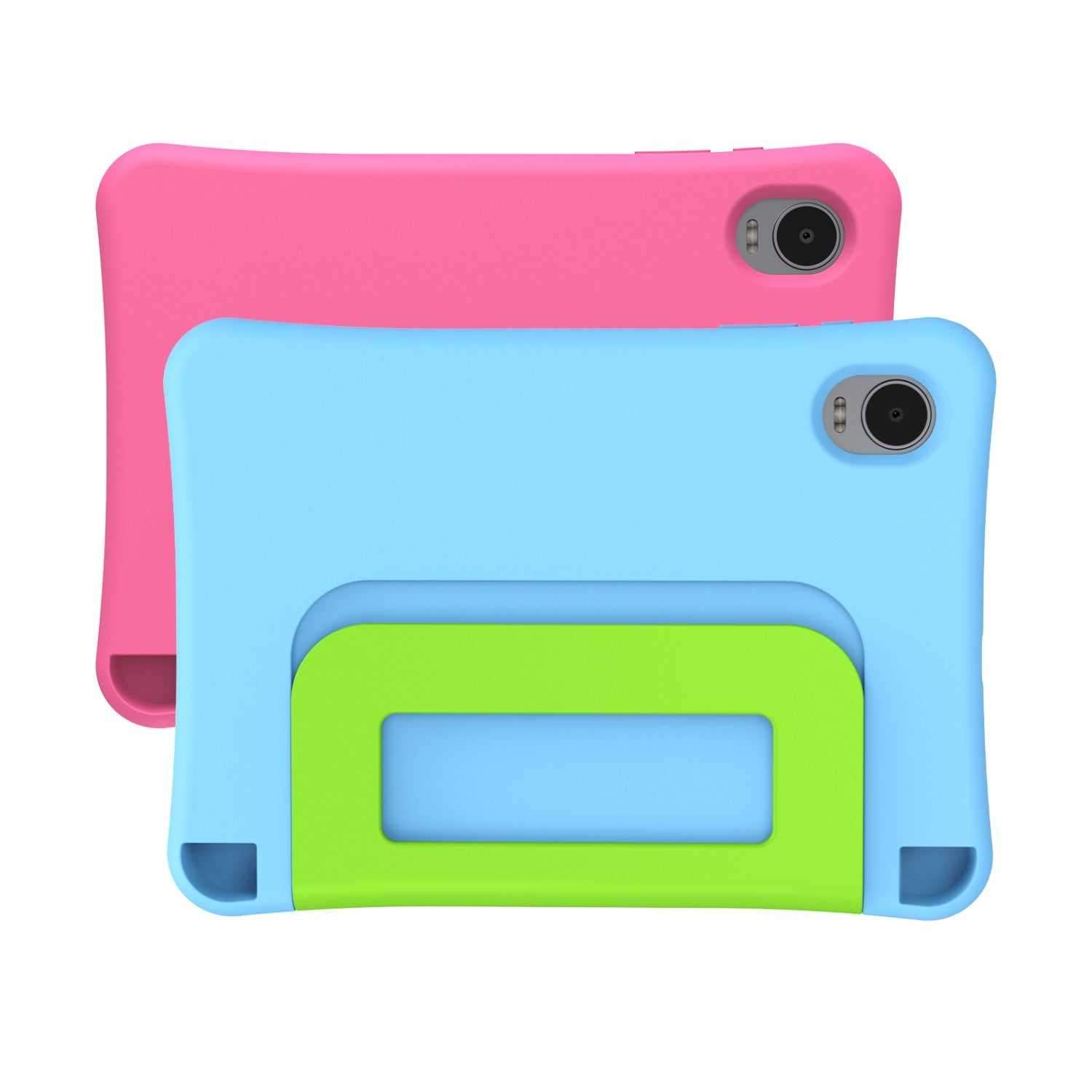 Due custodie per tablet per bambini impilate, quella superiore blu con supporto verde e quella inferiore rosa.