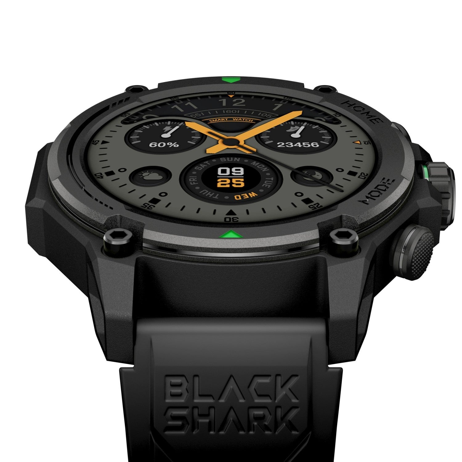 Eine schwarze, robuste Smartwatch mit digital-analogem Zifferblatt, orangen Zeigern und dem Black-Shark-Logo.