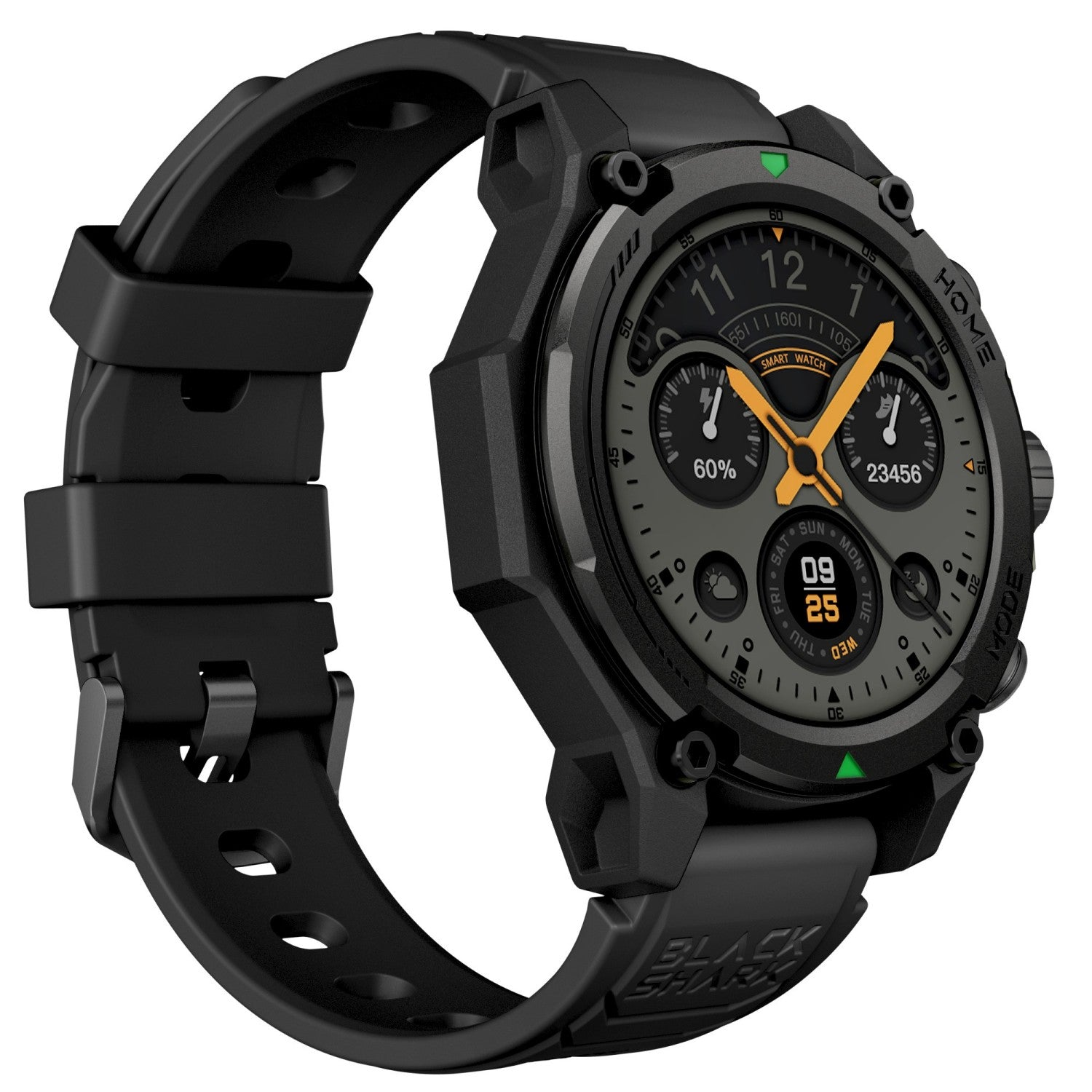 Eine schwarze, robuste Smartwatch mit analogem Zifferblatt und schwarzem Silikonarmband auf weißem Hintergrund.