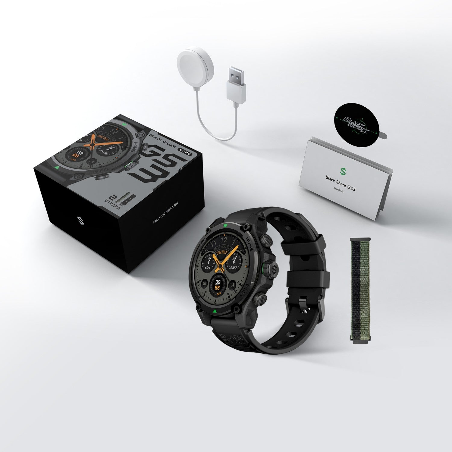 Eine schwarze Smartwatch mit Box, Ladekabel, Anleitung, Ersatzarmband und Aufkleber auf weißem Hintergrund.